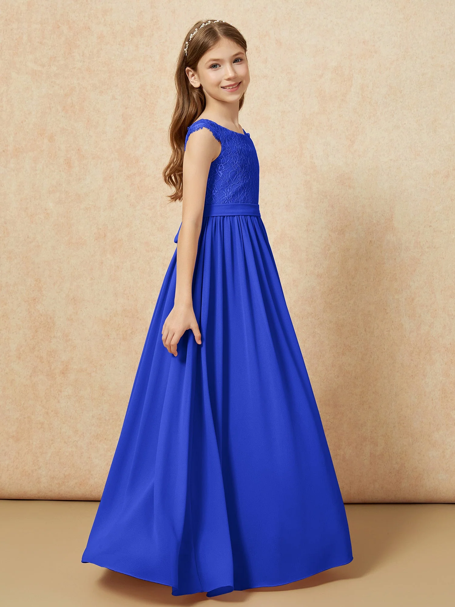 Flügelärmel Spitze Chiffon Junge Brautjungfernkleider Königsblau - Image 3