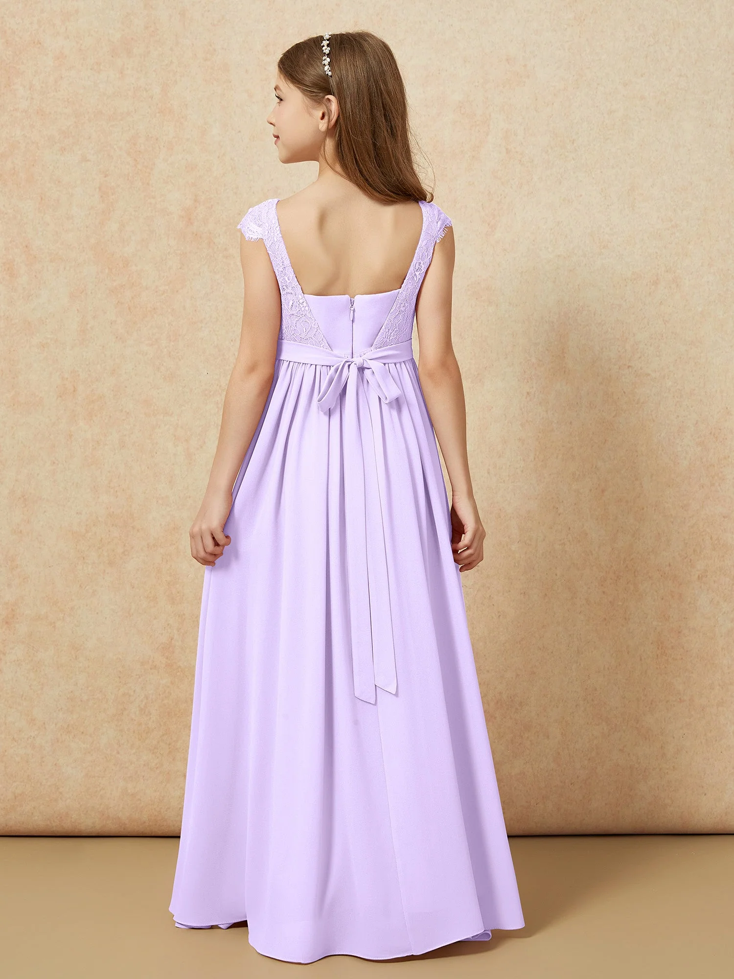 Flügelärmel Spitze Chiffon Junge Brautjungfernkleider Lila - Image 2