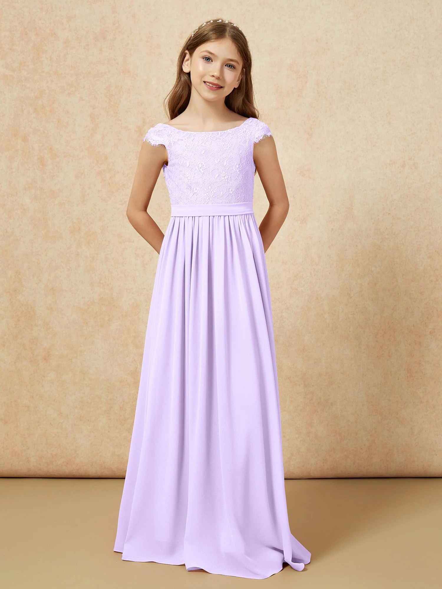Flügelärmel Spitze Chiffon Junge Brautjungfernkleider Lila - Image 4