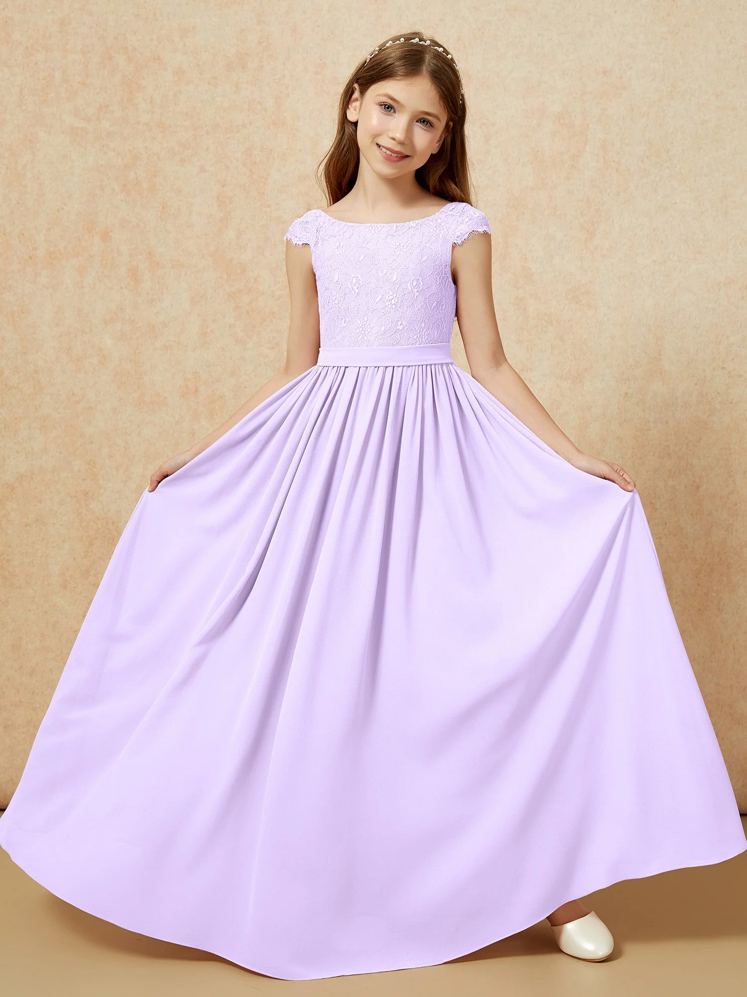 Flügelärmel Spitze Chiffon Junge Brautjungfernkleider Lila - Image 5