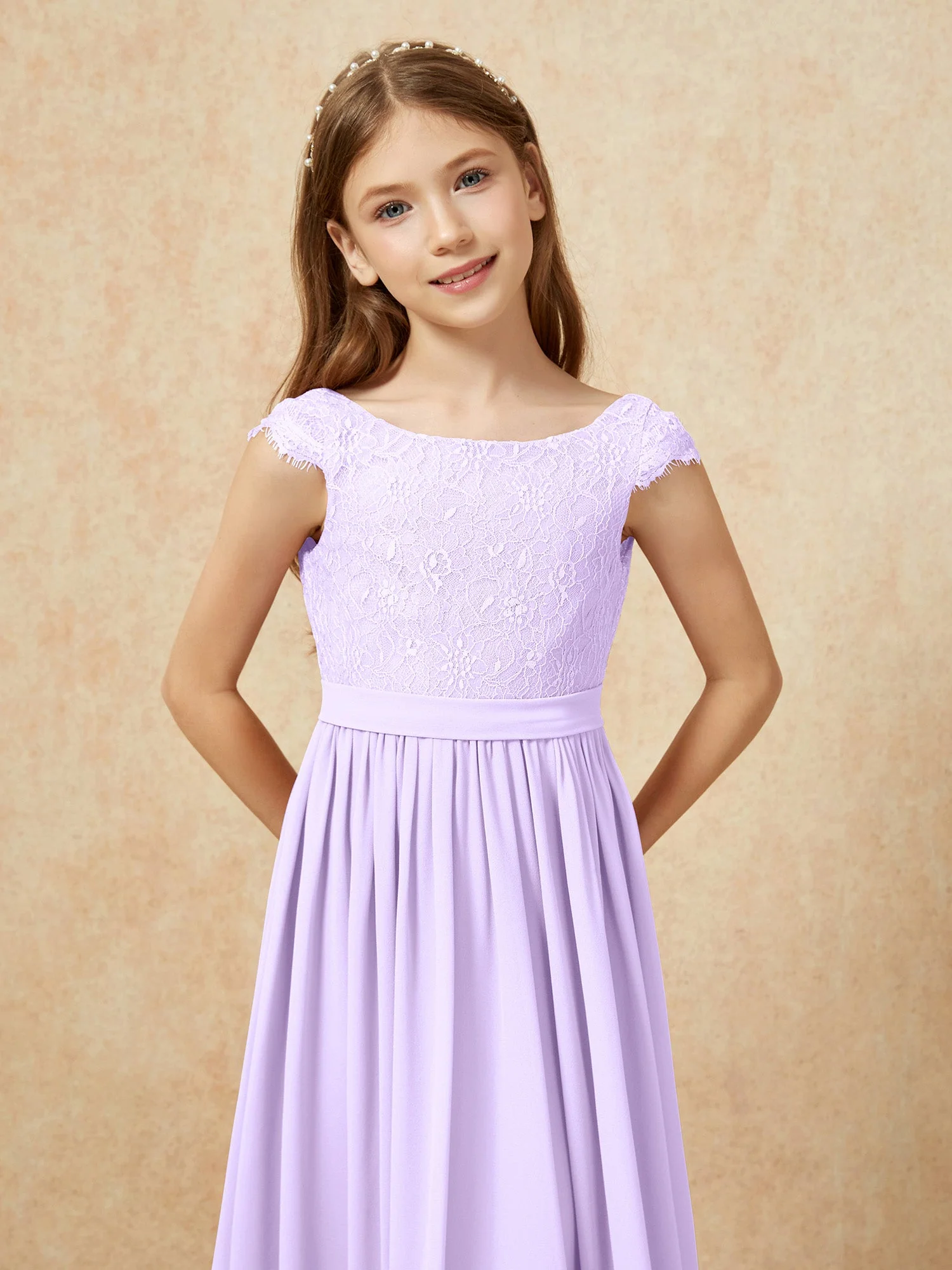 Flügelärmel Spitze Chiffon Junge Brautjungfernkleider Lila - Image 6