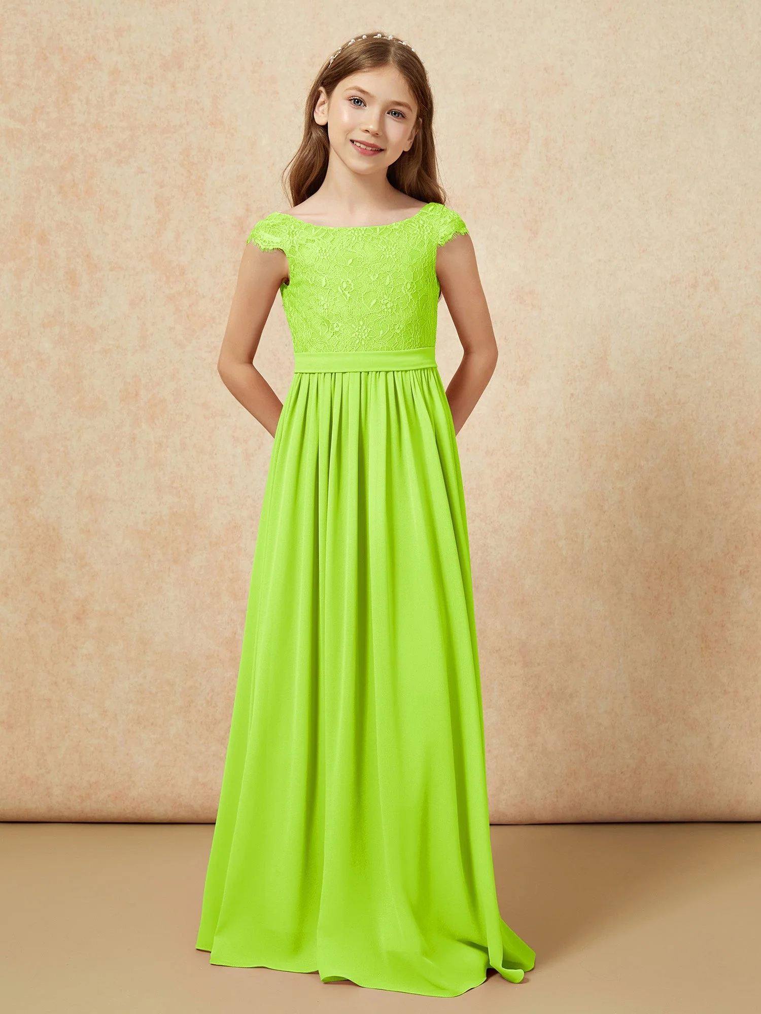 Flügelärmel Spitze Chiffon Junge Brautjungfernkleider Lindgrün - Image 4
