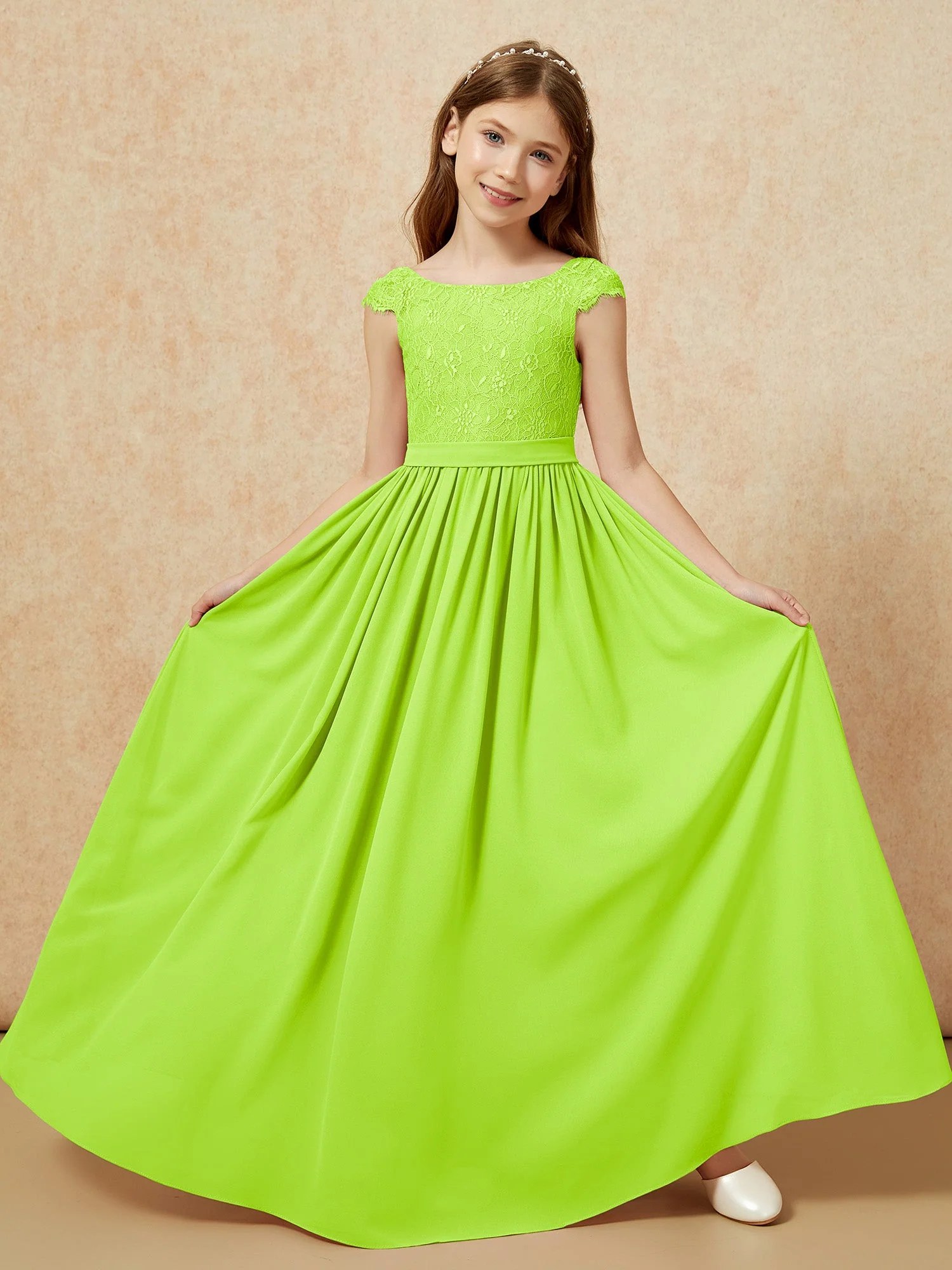 Flügelärmel Spitze Chiffon Junge Brautjungfernkleider Lindgrün - Image 5