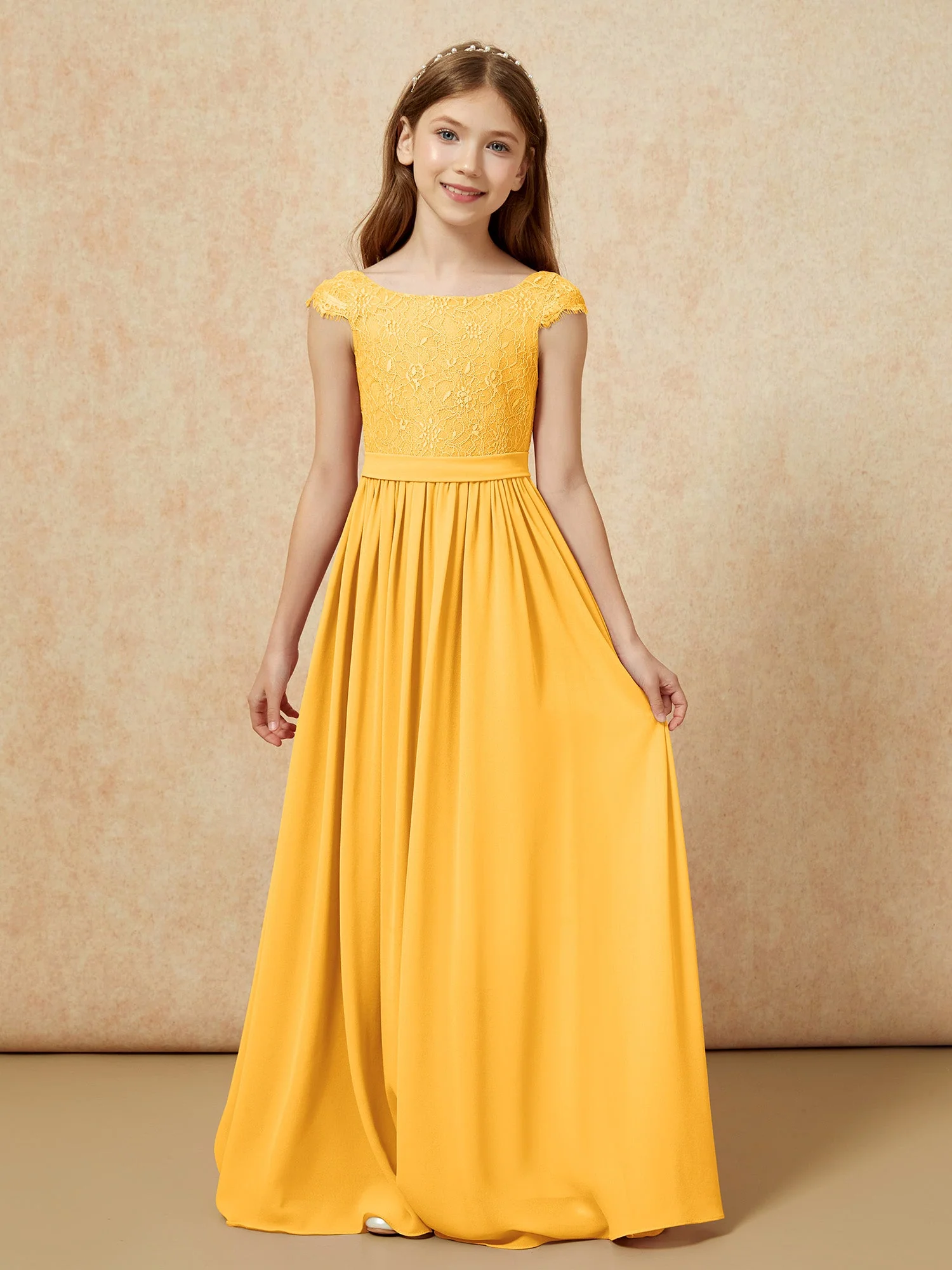 Flügelärmel Spitze Chiffon Junge Brautjungfernkleider Mandarine