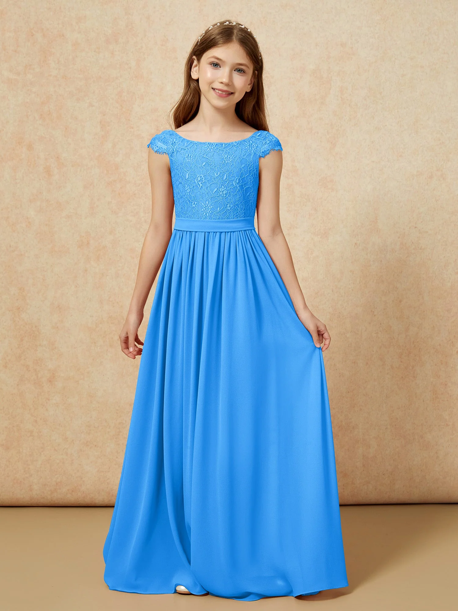 Flügelärmel Spitze Chiffon Junge Brautjungfernkleider Meerblau