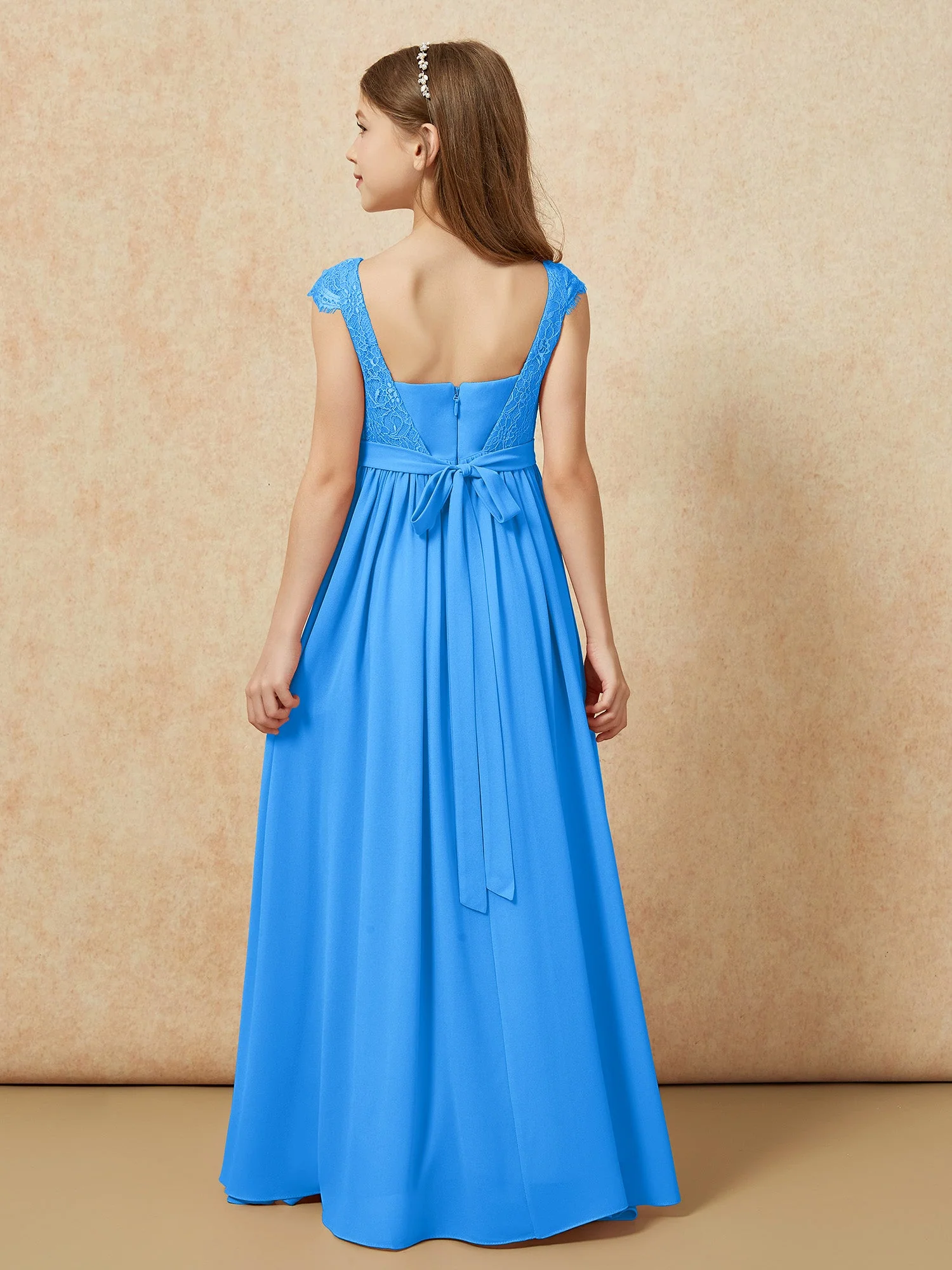 Flügelärmel Spitze Chiffon Junge Brautjungfernkleider Meerblau - Image 2