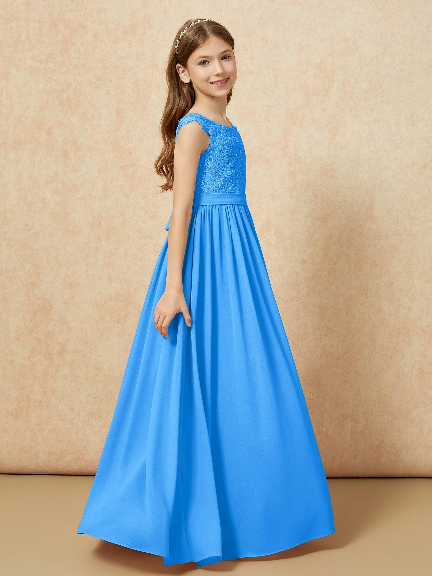 Flügelärmel Spitze Chiffon Junge Brautjungfernkleider Meerblau - Image 3