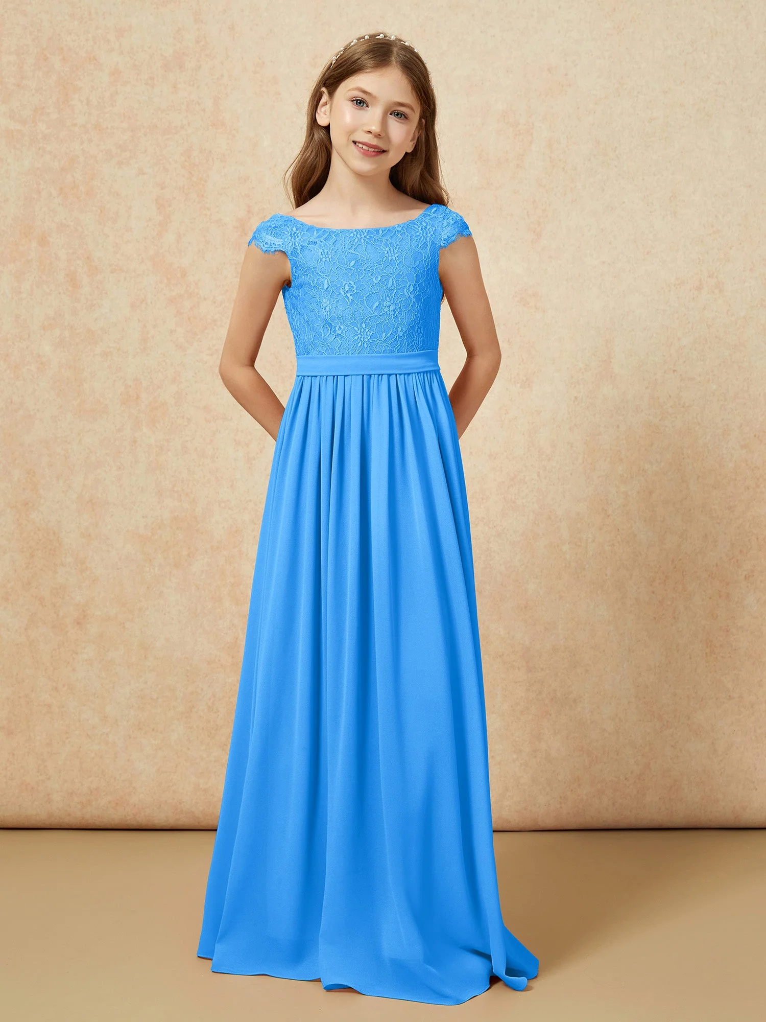 Flügelärmel Spitze Chiffon Junge Brautjungfernkleider Meerblau - Image 4