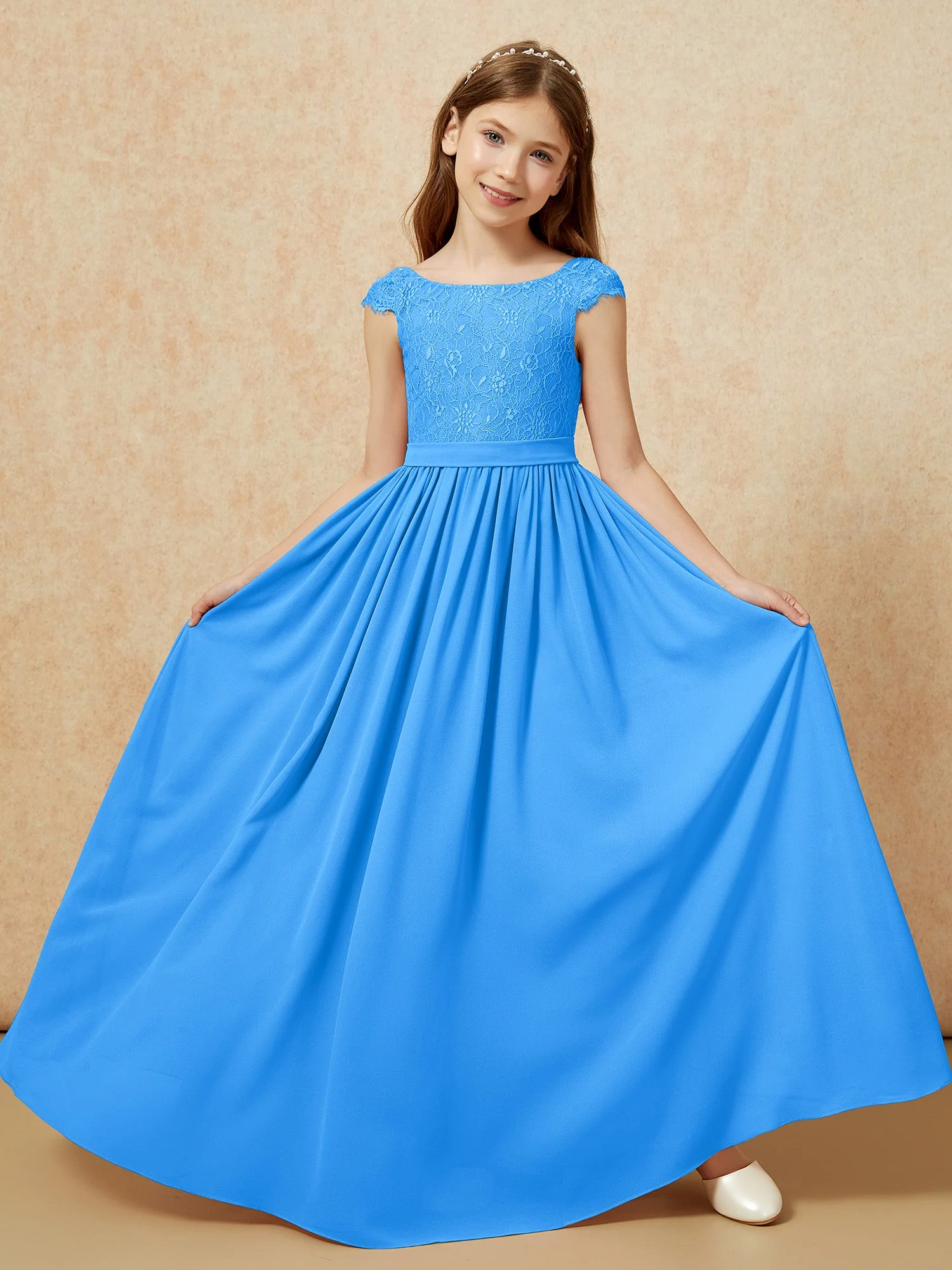 Flügelärmel Spitze Chiffon Junge Brautjungfernkleider Meerblau - Image 5
