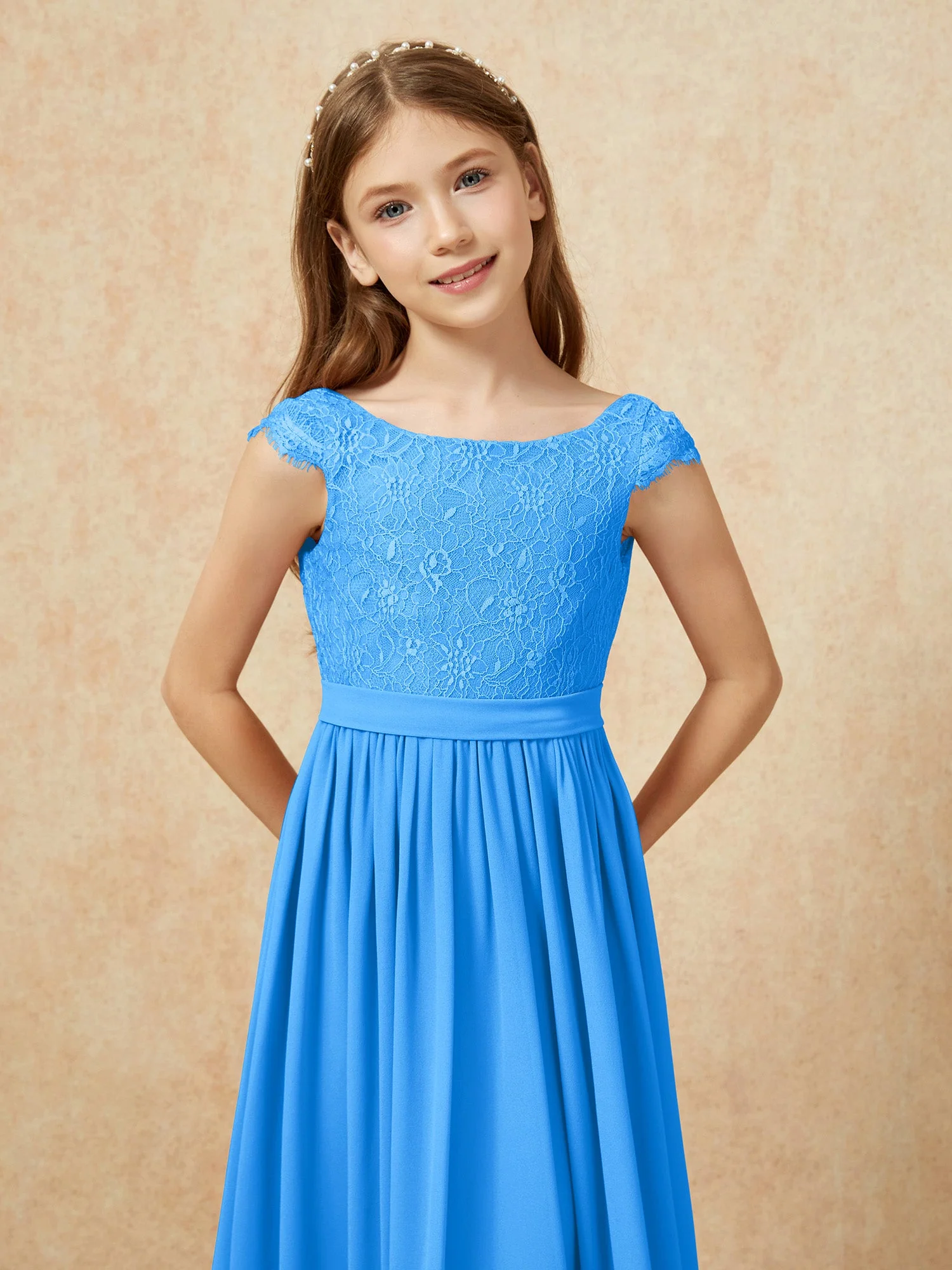 Flügelärmel Spitze Chiffon Junge Brautjungfernkleider Meerblau - Image 6
