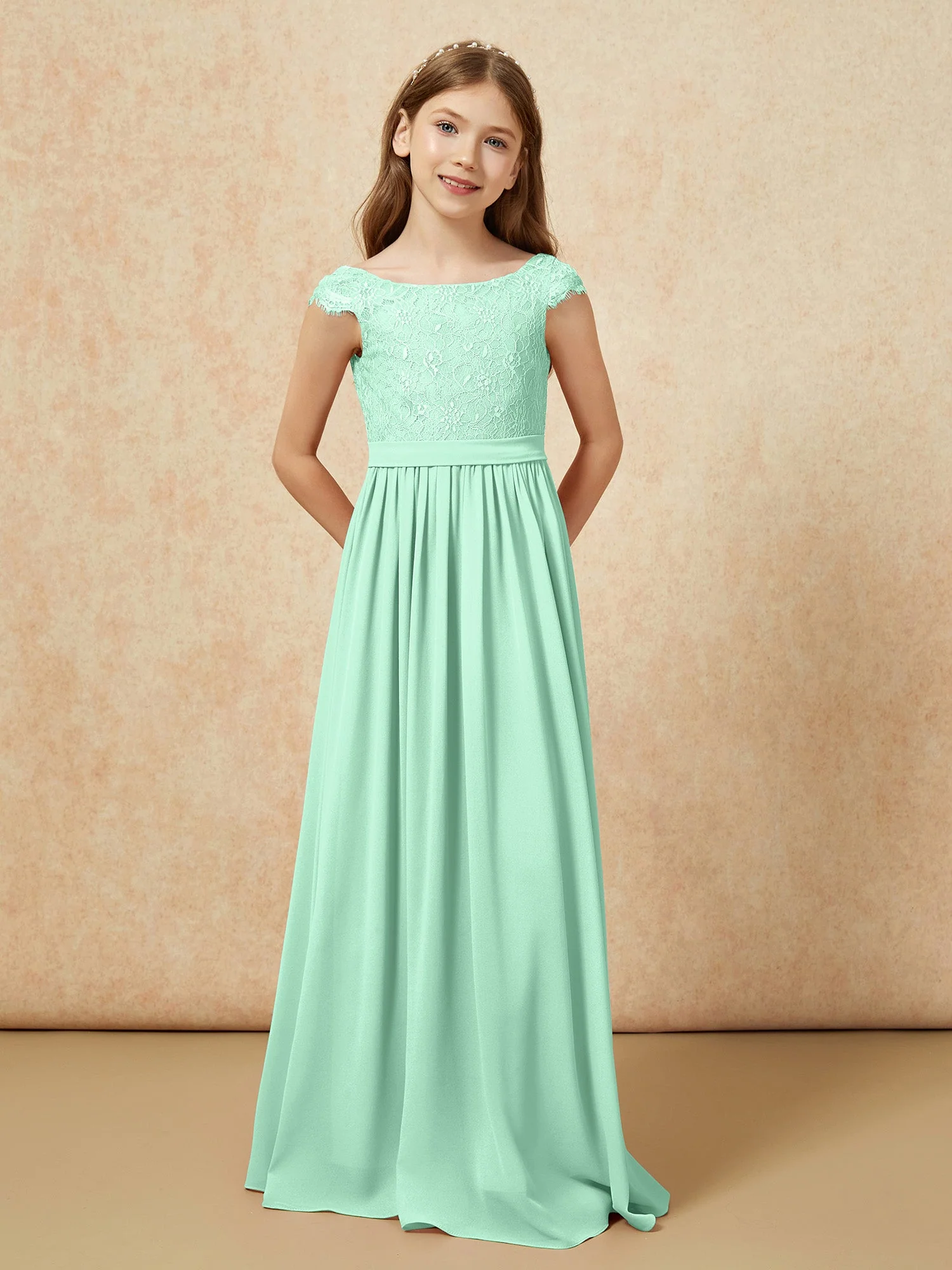 Flügelärmel Spitze Chiffon Junge Brautjungfernkleider Minzgrün - Image 4