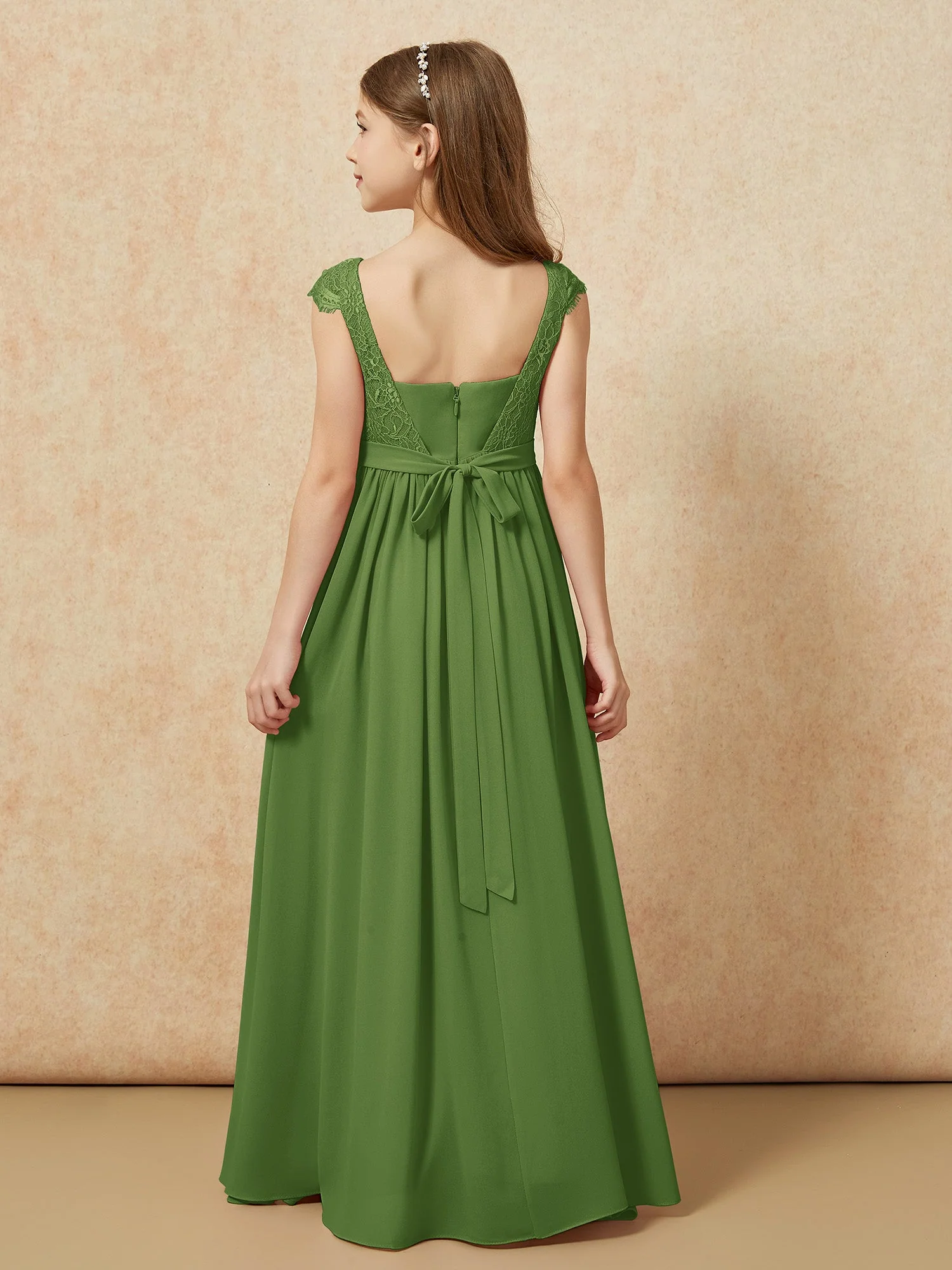 Flügelärmel Spitze Chiffon Junge Brautjungfernkleider Moos - Image 2