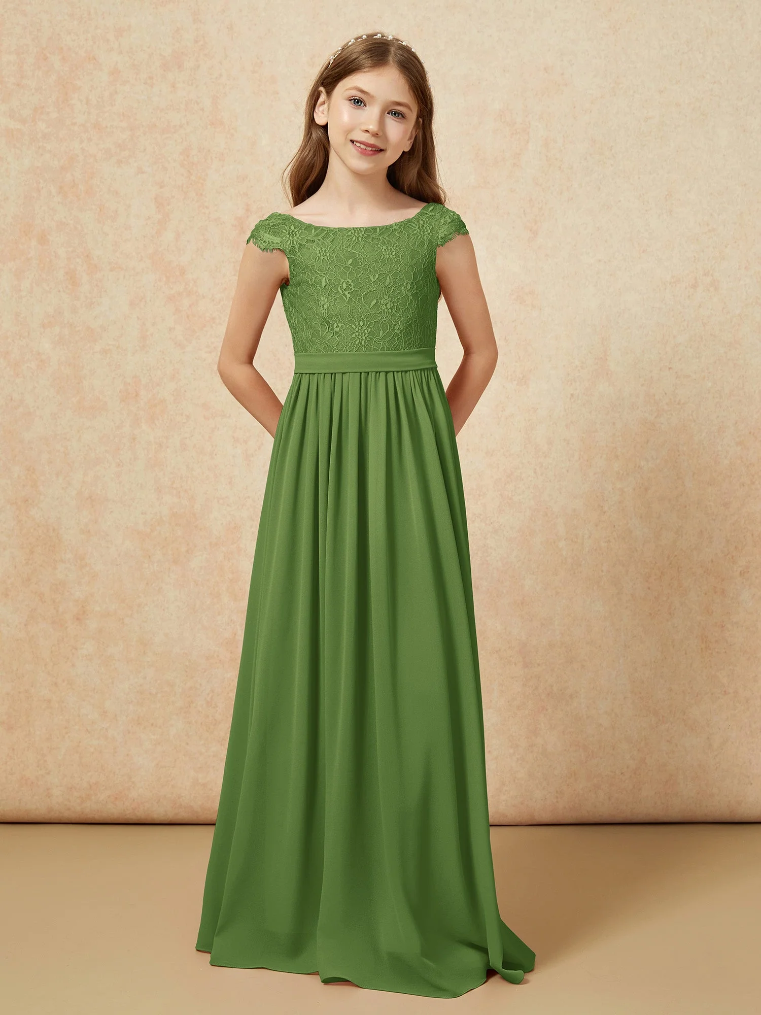 Flügelärmel Spitze Chiffon Junge Brautjungfernkleider Moos - Image 4