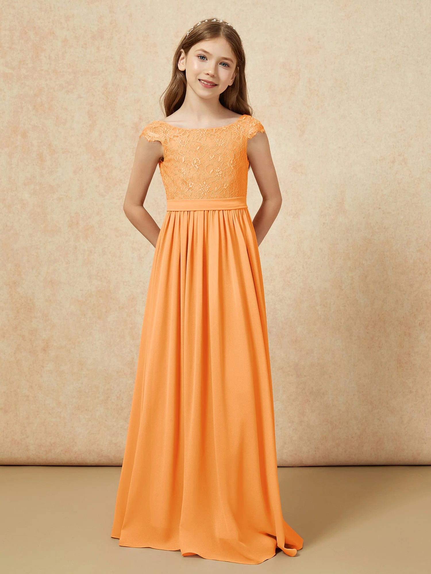 Flügelärmel Spitze Chiffon Junge Brautjungfernkleider Orange - Image 4