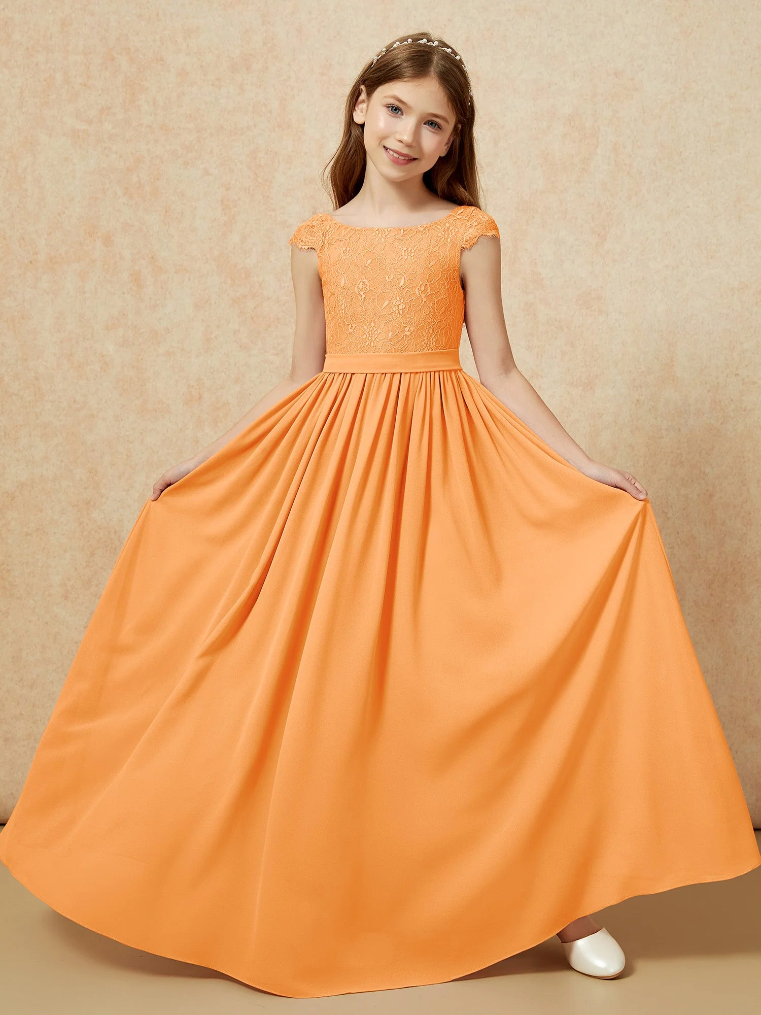 Flügelärmel Spitze Chiffon Junge Brautjungfernkleider Orange - Image 5