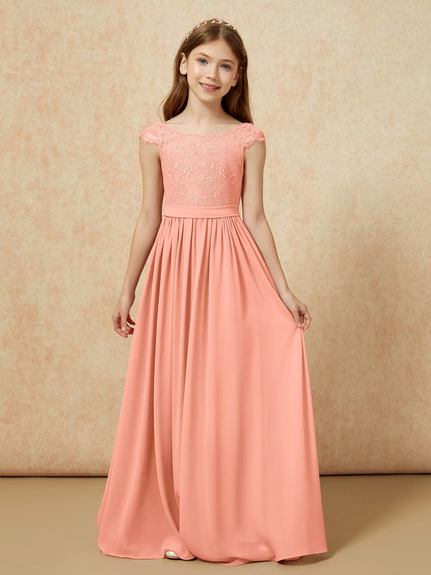 Flügelärmel Spitze Chiffon Junge Brautjungfernkleider Papaya