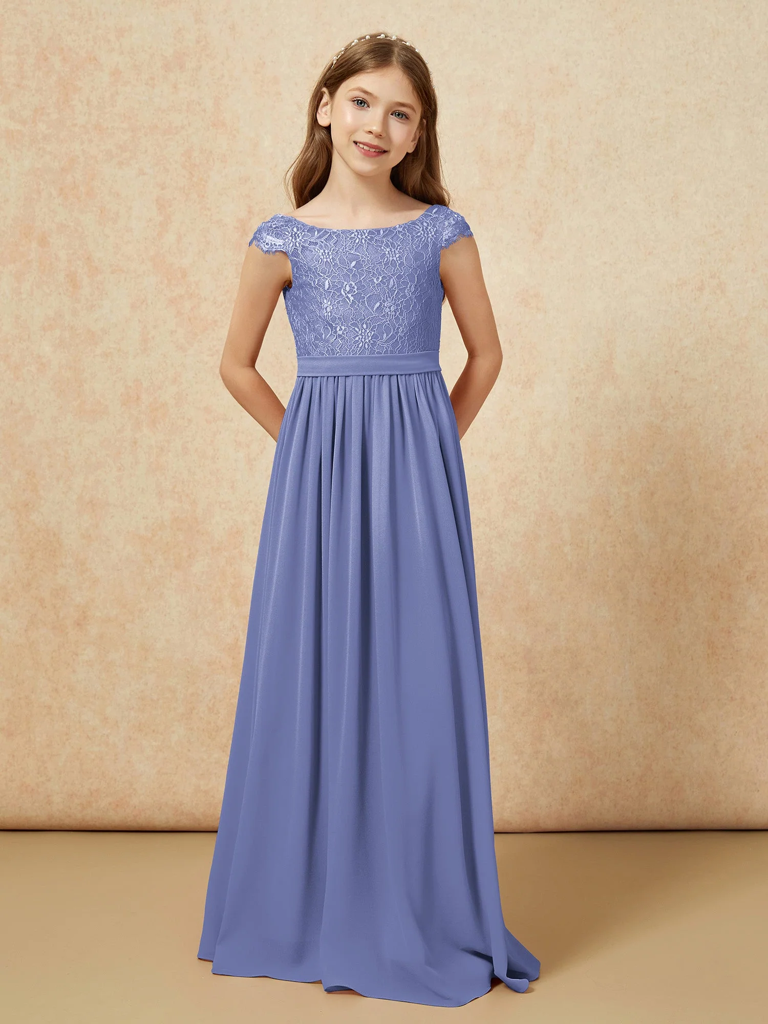 Flügelärmel Spitze Chiffon Junge Brautjungfernkleider Periwinkleblau - Image 4