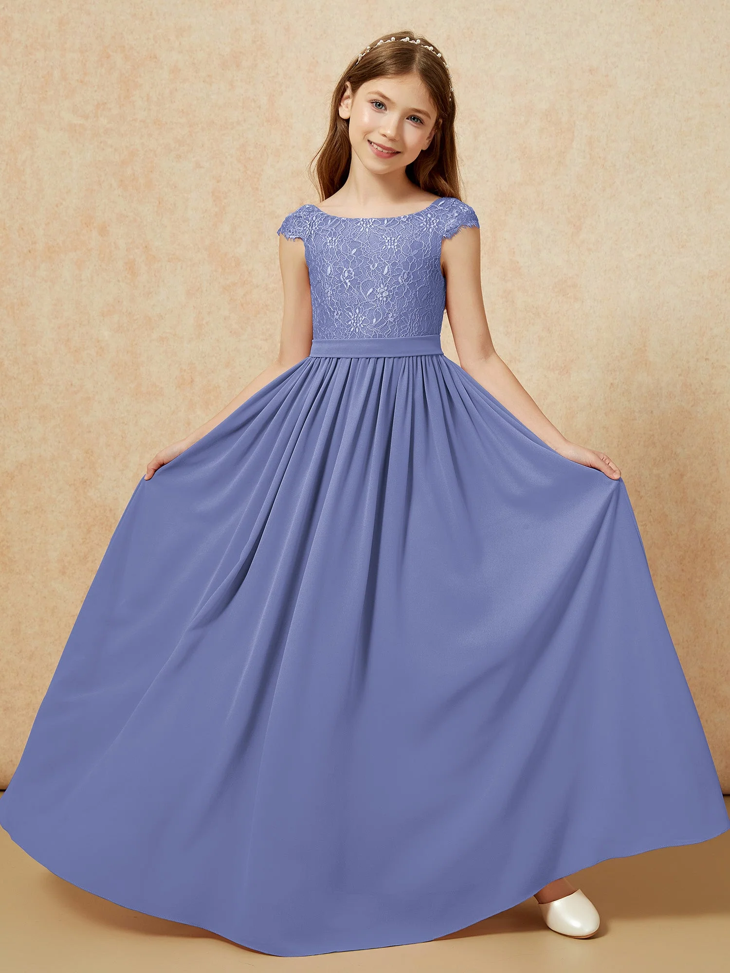 Flügelärmel Spitze Chiffon Junge Brautjungfernkleider Periwinkleblau - Image 5