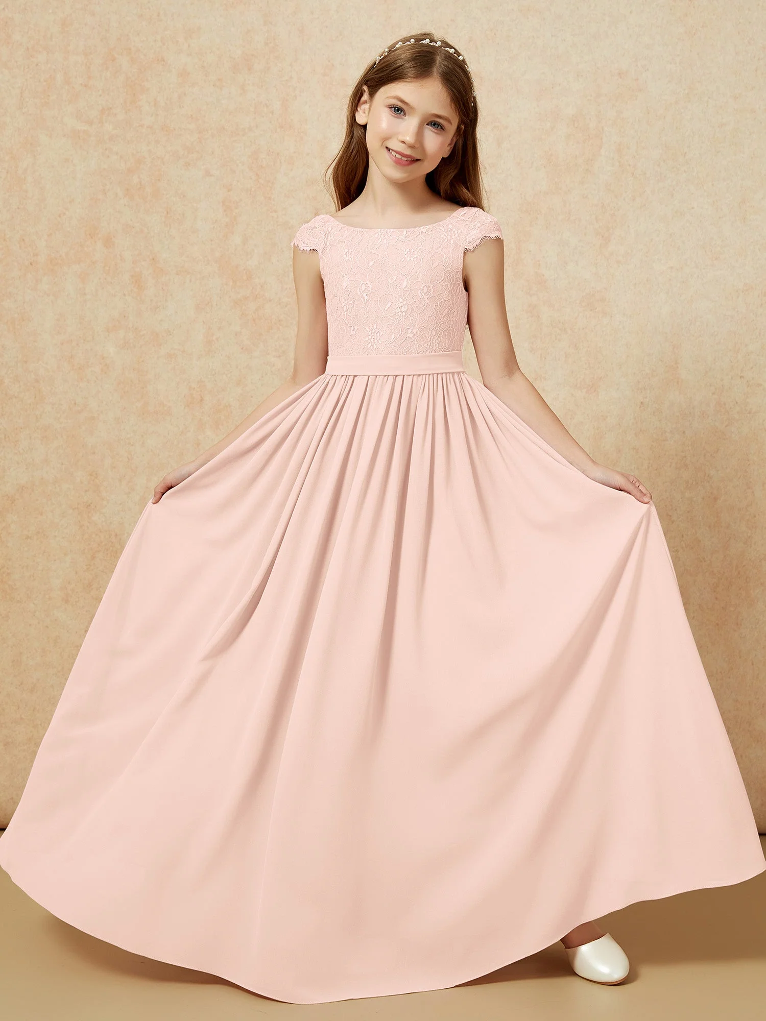 Flügelärmel Spitze Chiffon Junge Brautjungfernkleider Perlrosa - Image 5