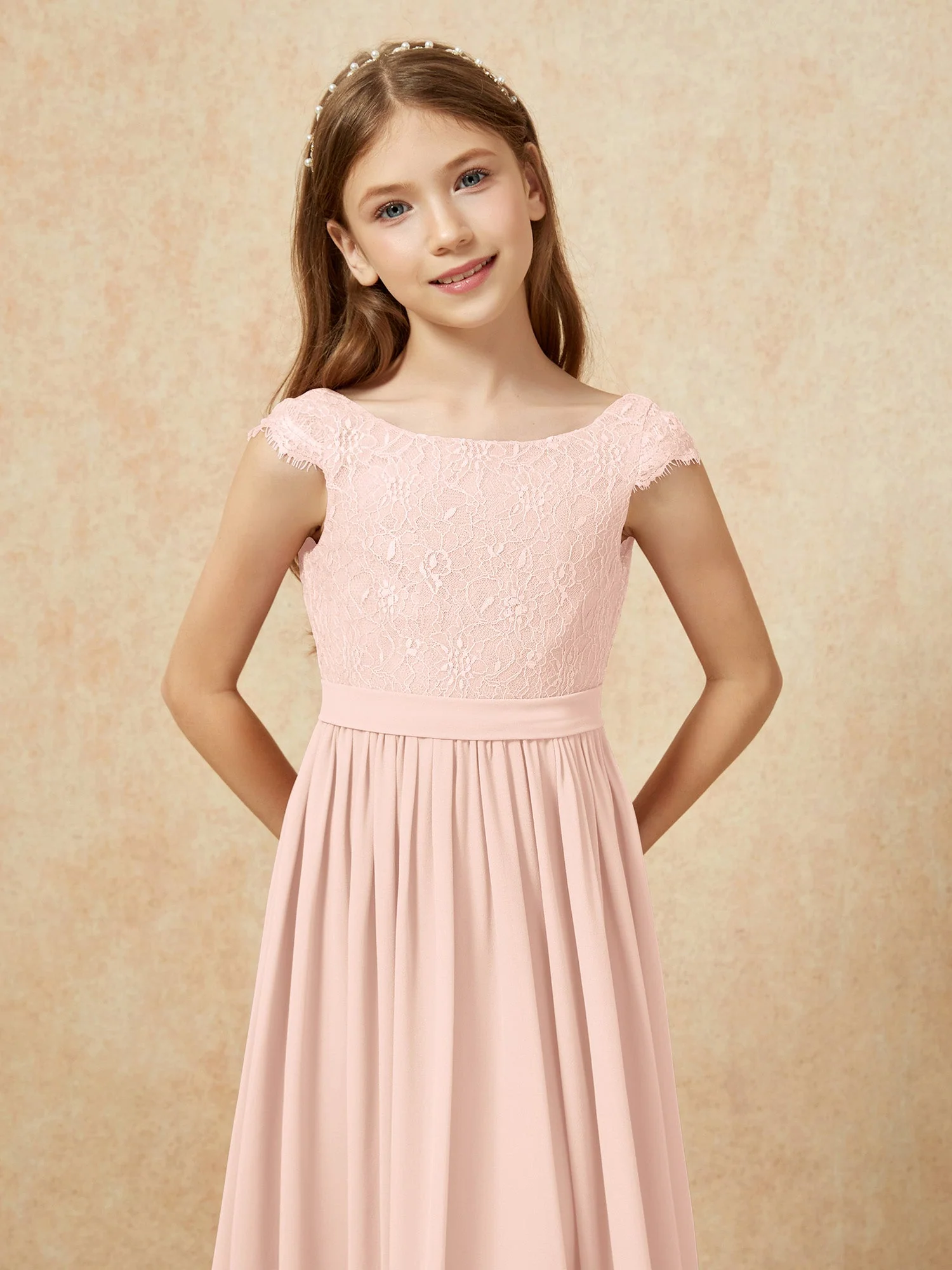 Flügelärmel Spitze Chiffon Junge Brautjungfernkleider Perlrosa - Image 6