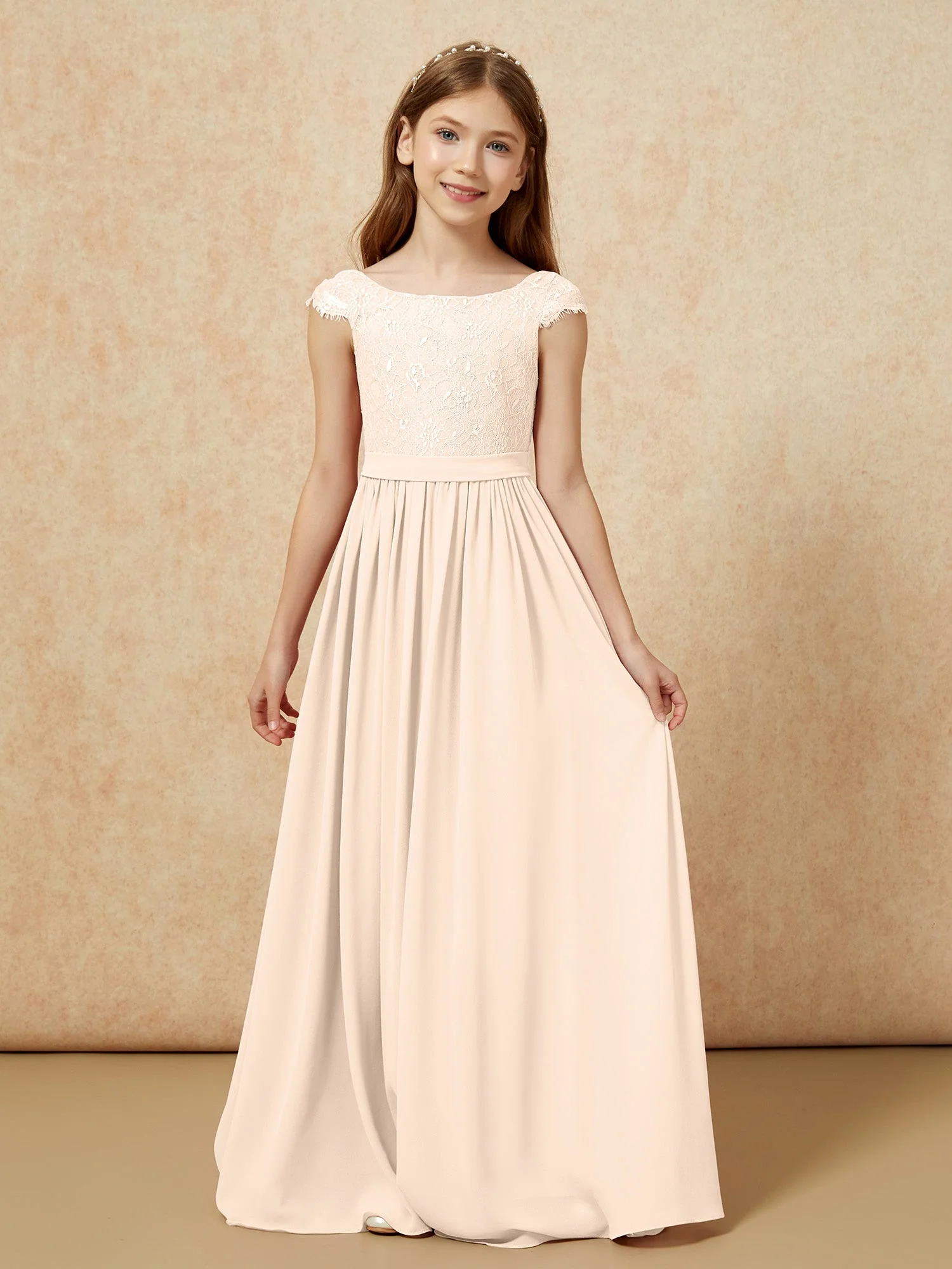 Flügelärmel Spitze Chiffon Junge Brautjungfernkleider Pfirsich