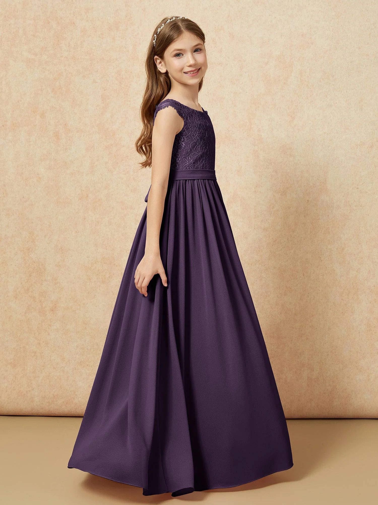 Flügelärmel Spitze Chiffon Junge Brautjungfernkleider Plum - Image 3
