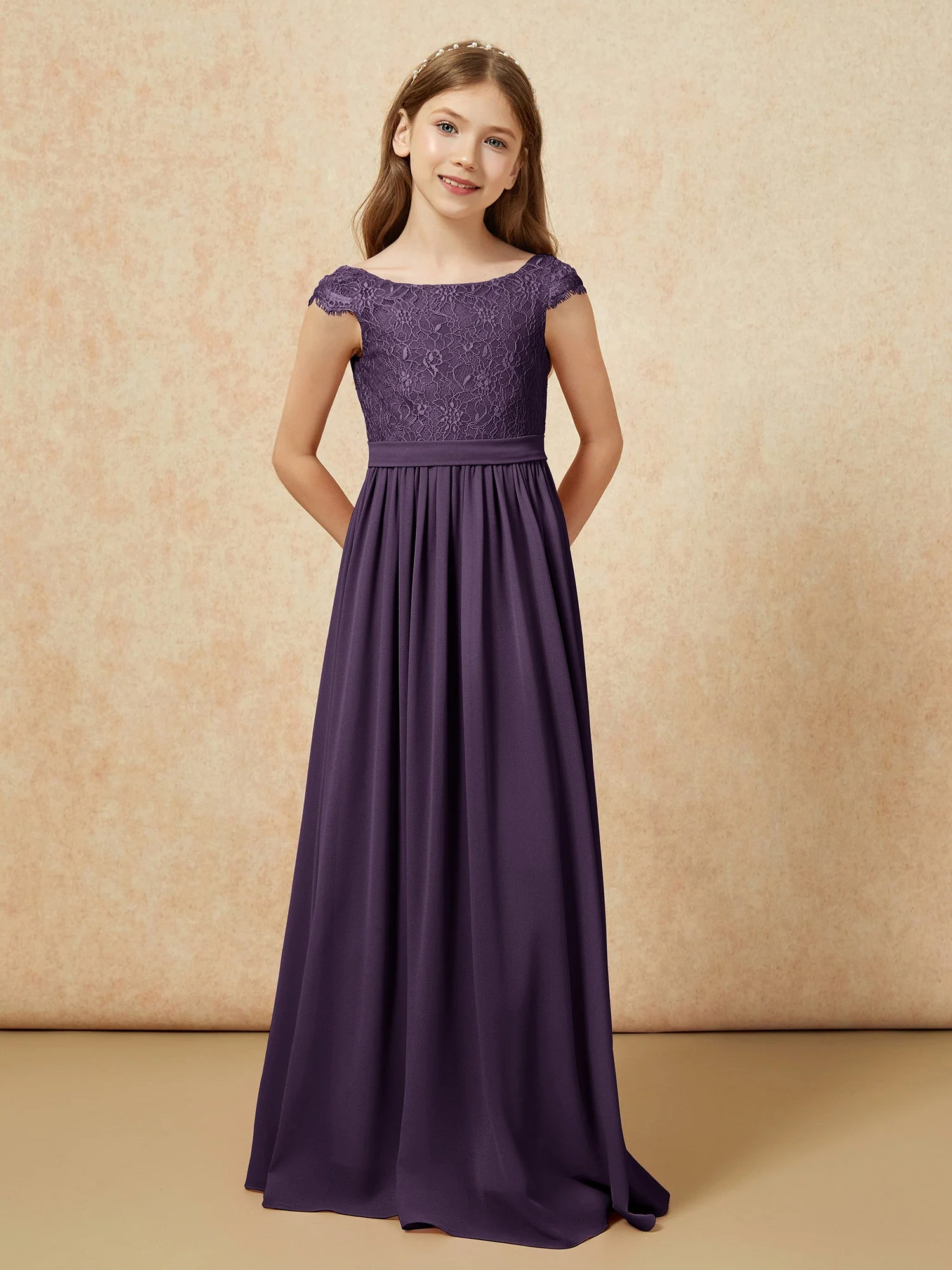 Flügelärmel Spitze Chiffon Junge Brautjungfernkleider Plum - Image 4