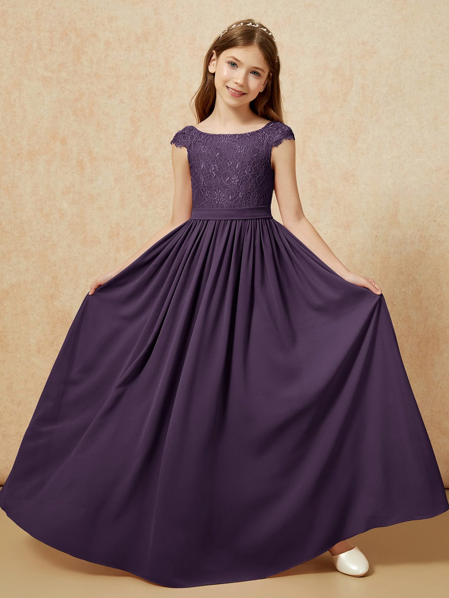 Flügelärmel Spitze Chiffon Junge Brautjungfernkleider Plum - Image 5