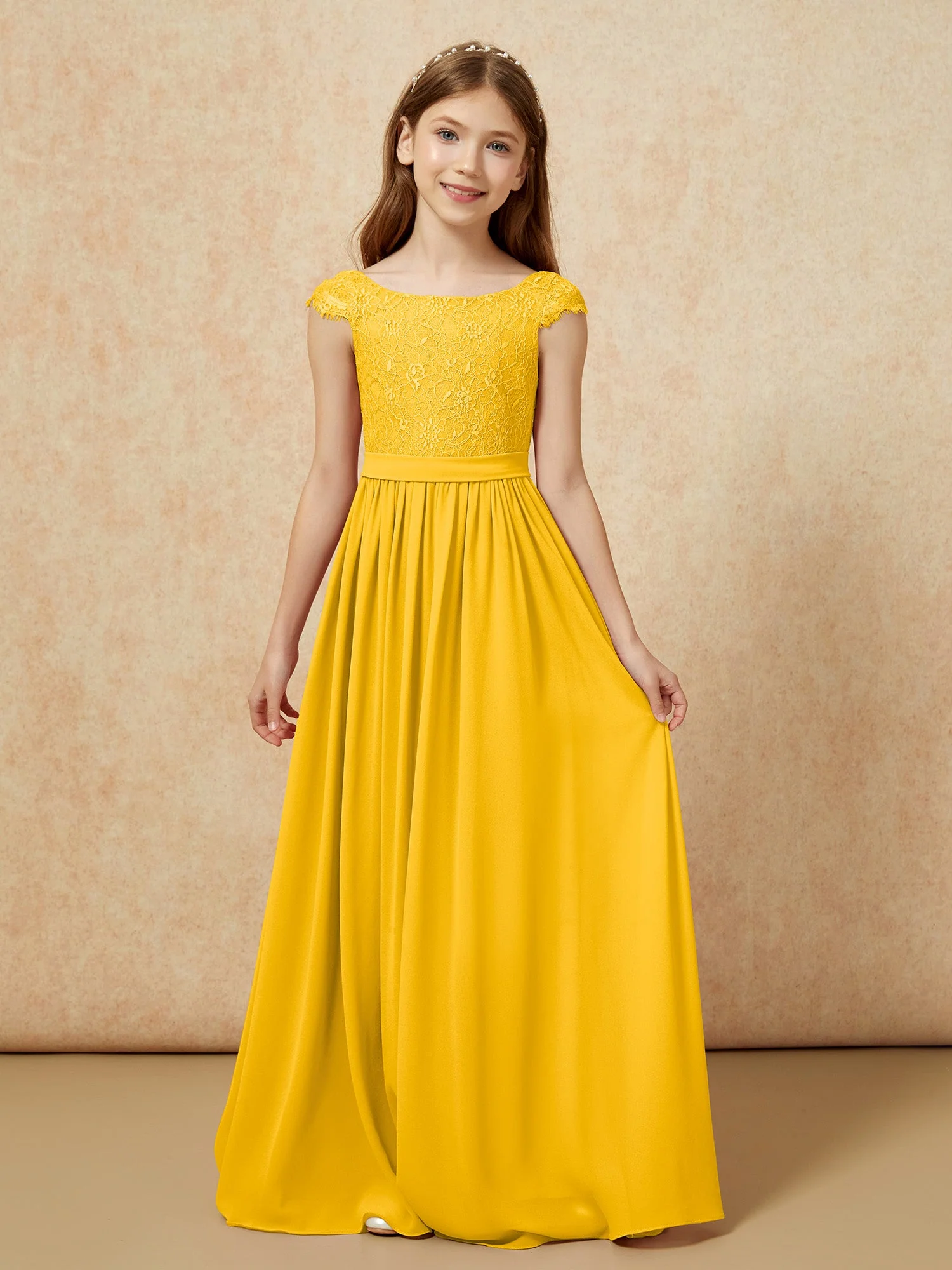 Flügelärmel Spitze Chiffon Junge Brautjungfernkleider Ringelblume