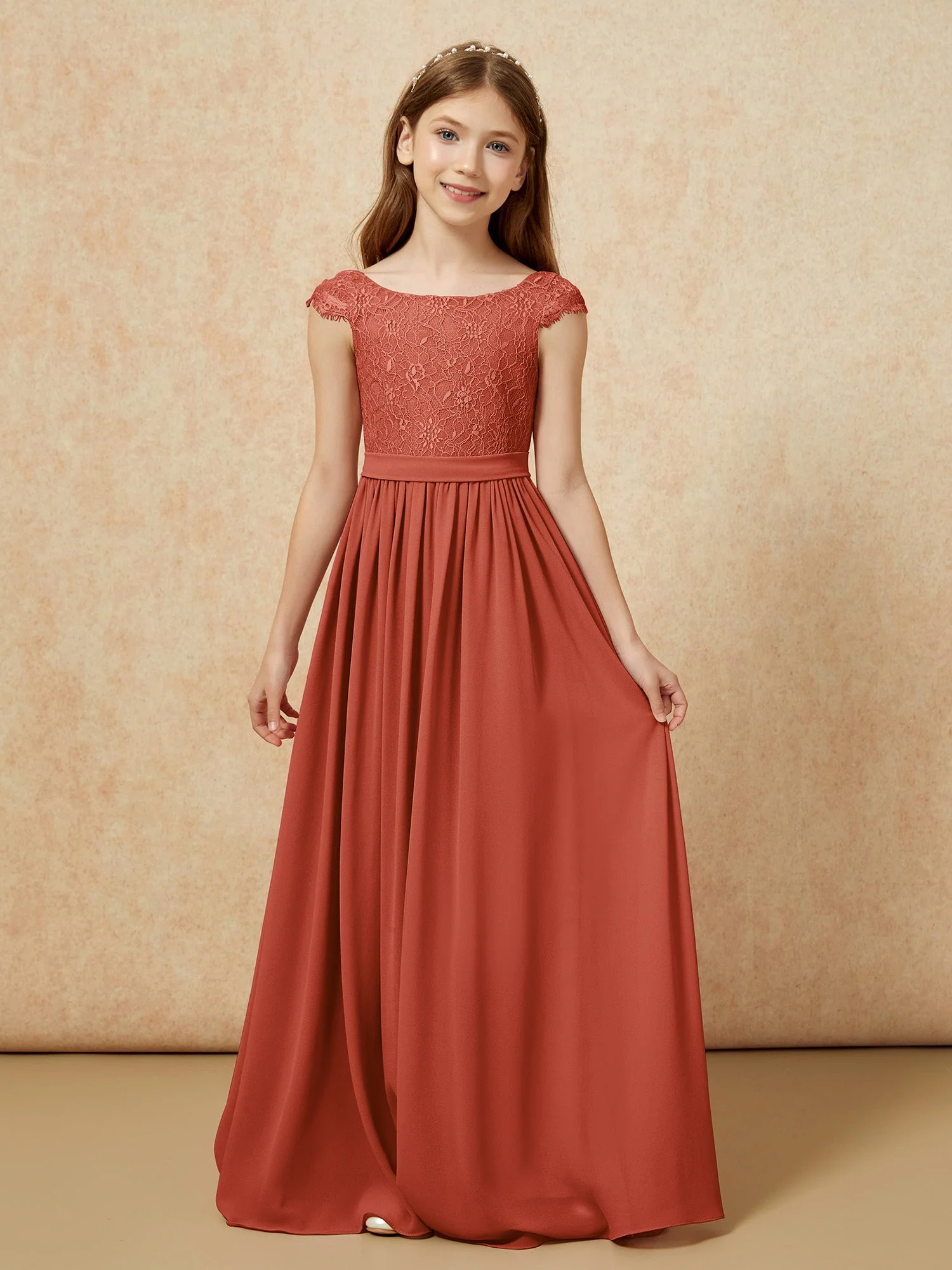 Flügelärmel Spitze Chiffon Junge Brautjungfernkleider Rost