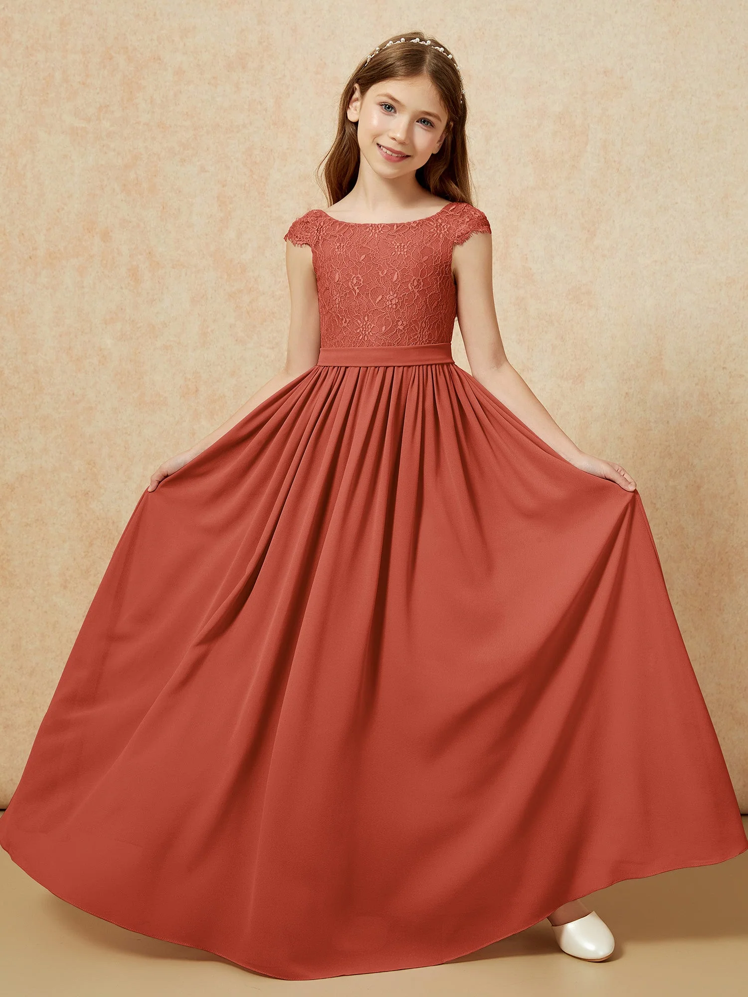 Flügelärmel Spitze Chiffon Junge Brautjungfernkleider Rost - Image 5