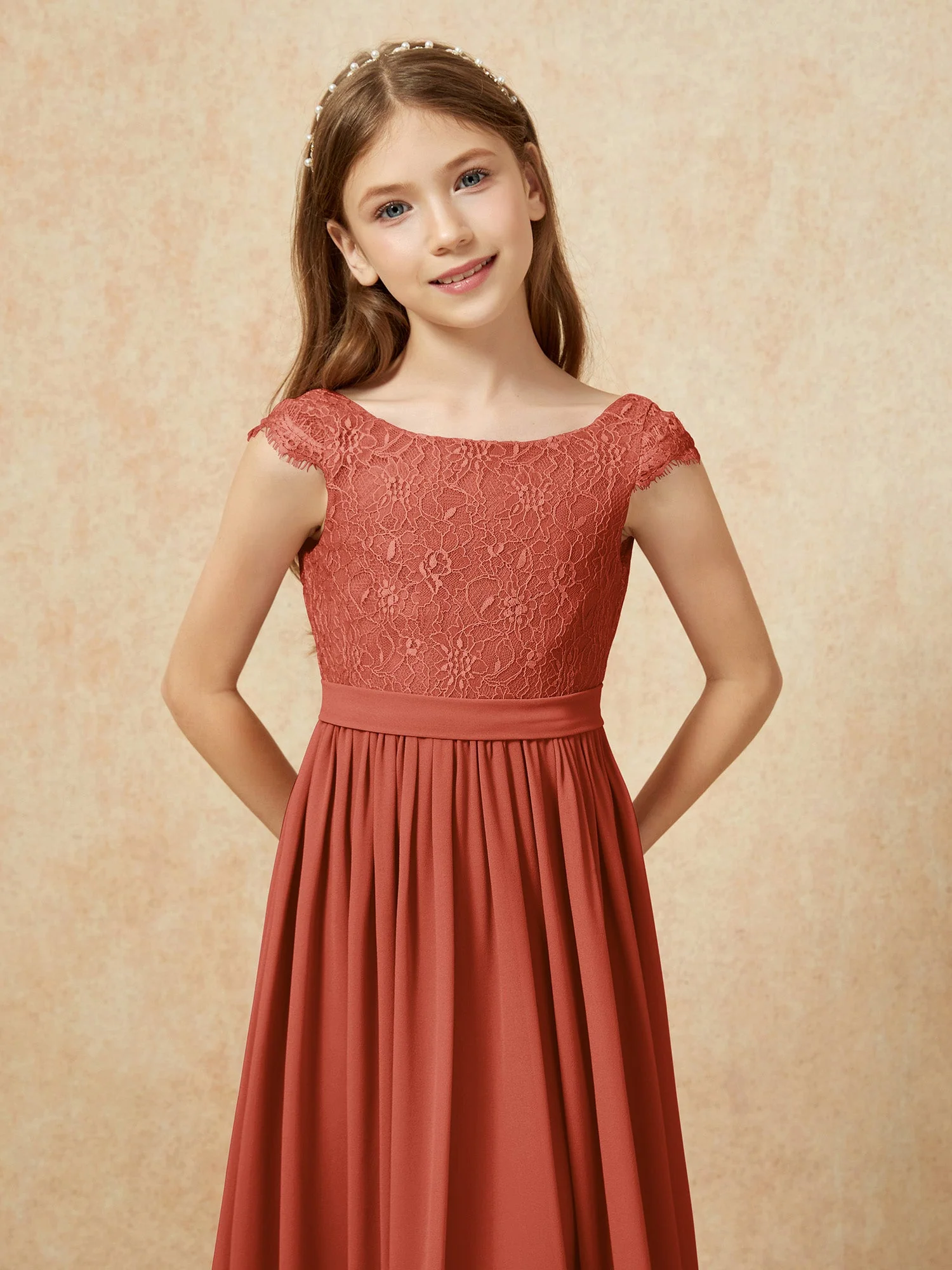 Flügelärmel Spitze Chiffon Junge Brautjungfernkleider Rost - Image 6
