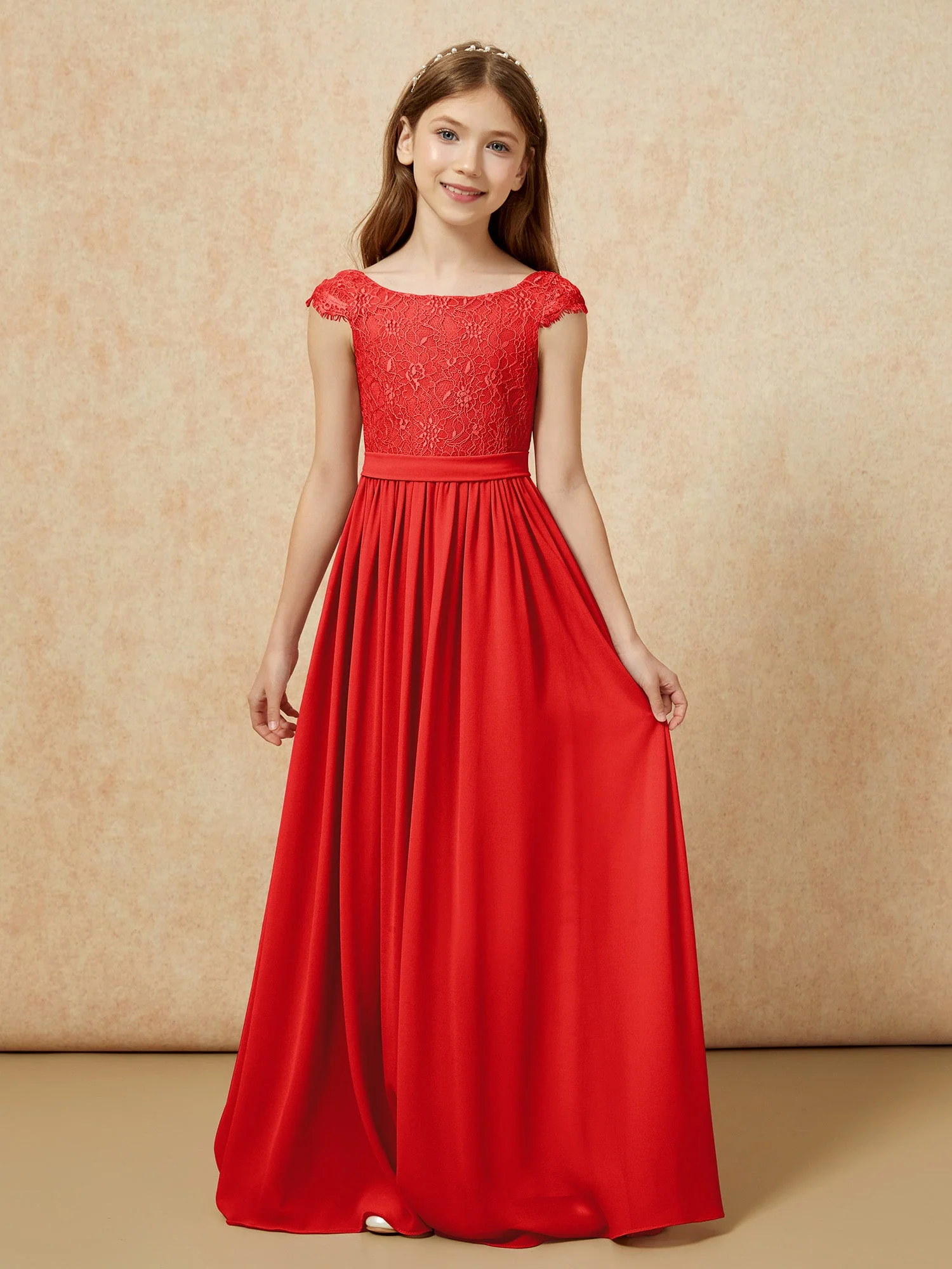 Flügelärmel Spitze Chiffon Junge Brautjungfernkleider Rot