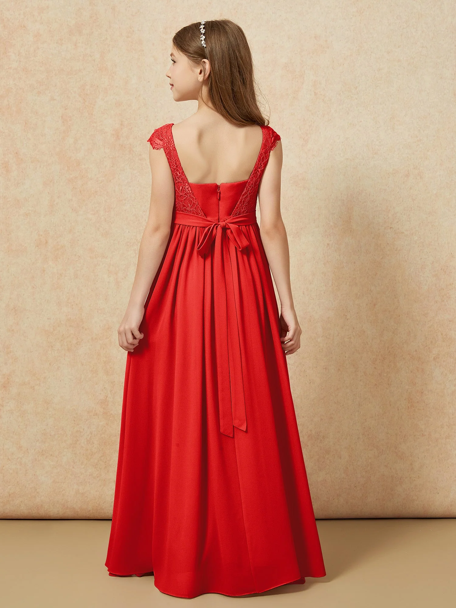 Flügelärmel Spitze Chiffon Junge Brautjungfernkleider Rot - Image 2