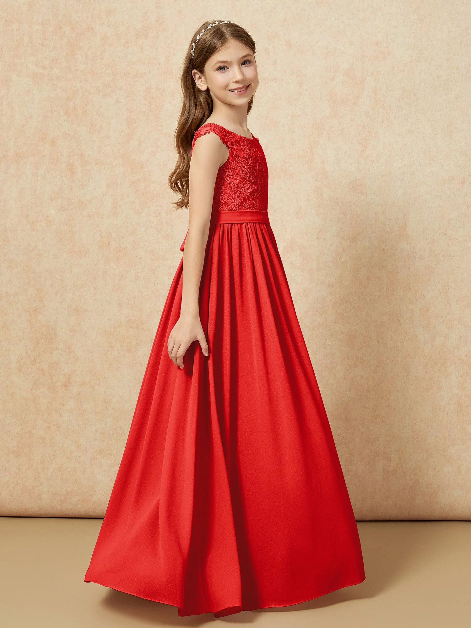 Flügelärmel Spitze Chiffon Junge Brautjungfernkleider Rot - Image 3