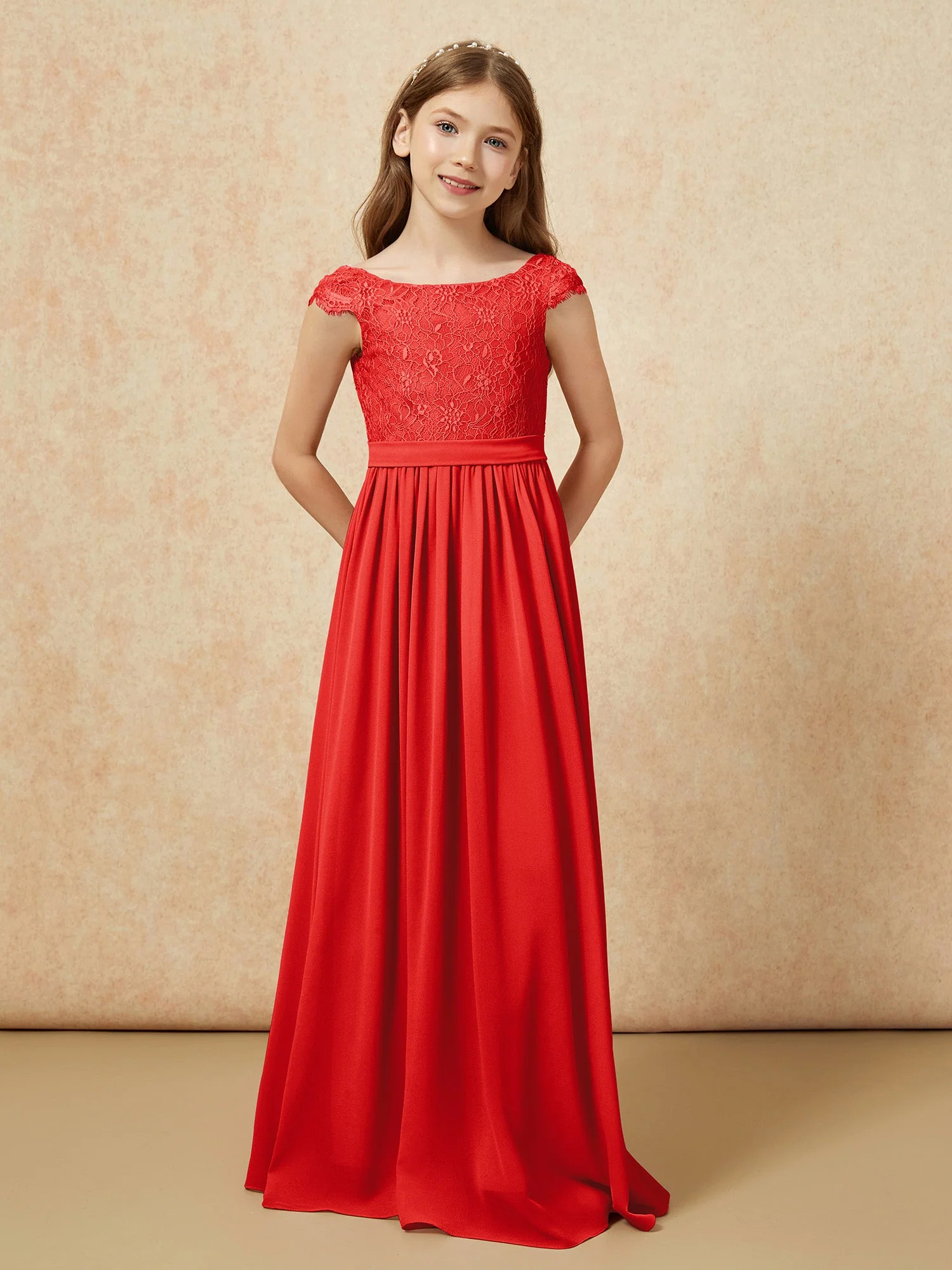 Flügelärmel Spitze Chiffon Junge Brautjungfernkleider Rot - Image 4