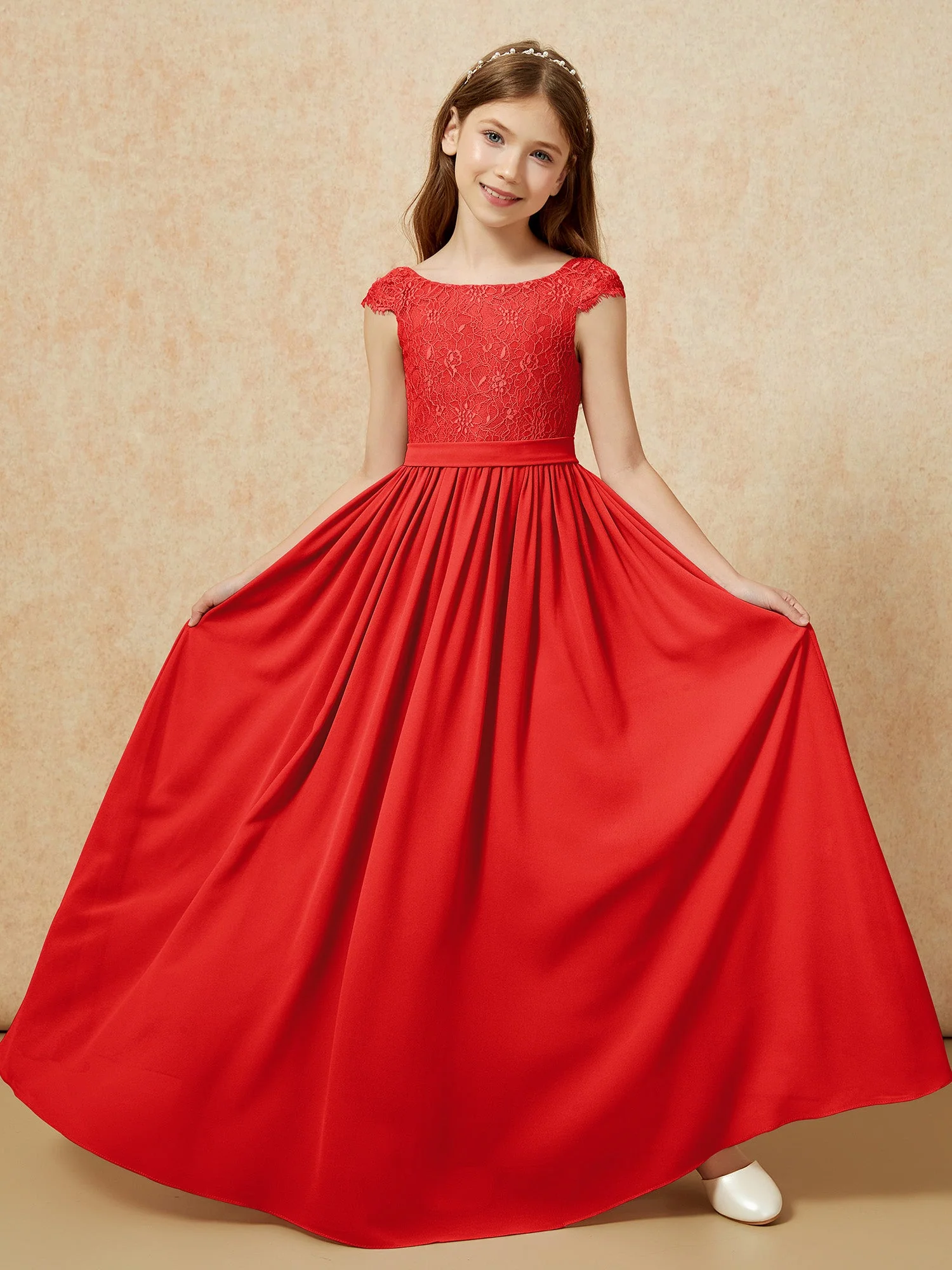 Flügelärmel Spitze Chiffon Junge Brautjungfernkleider Rot - Image 5