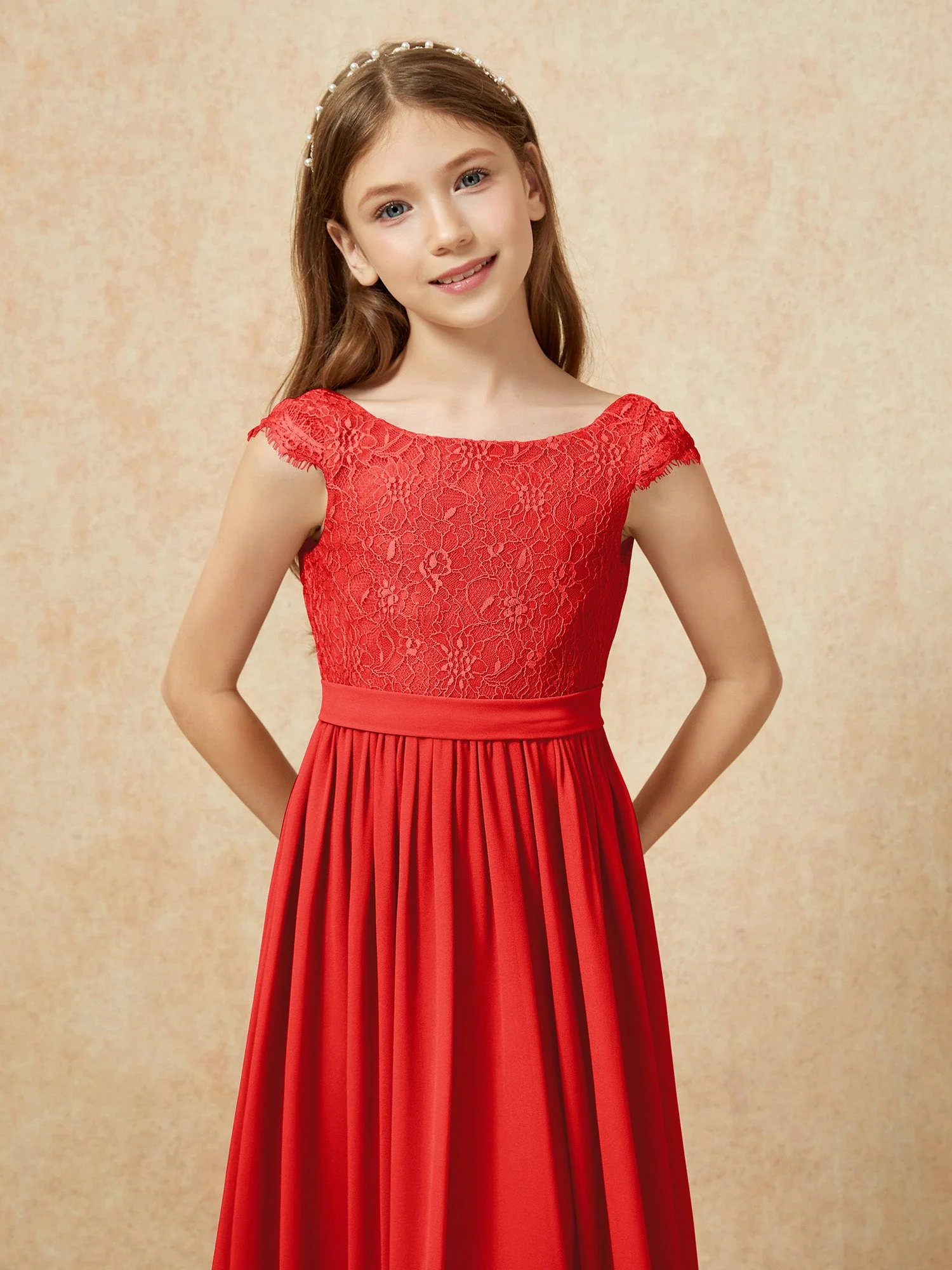 Flügelärmel Spitze Chiffon Junge Brautjungfernkleider Rot - Image 6