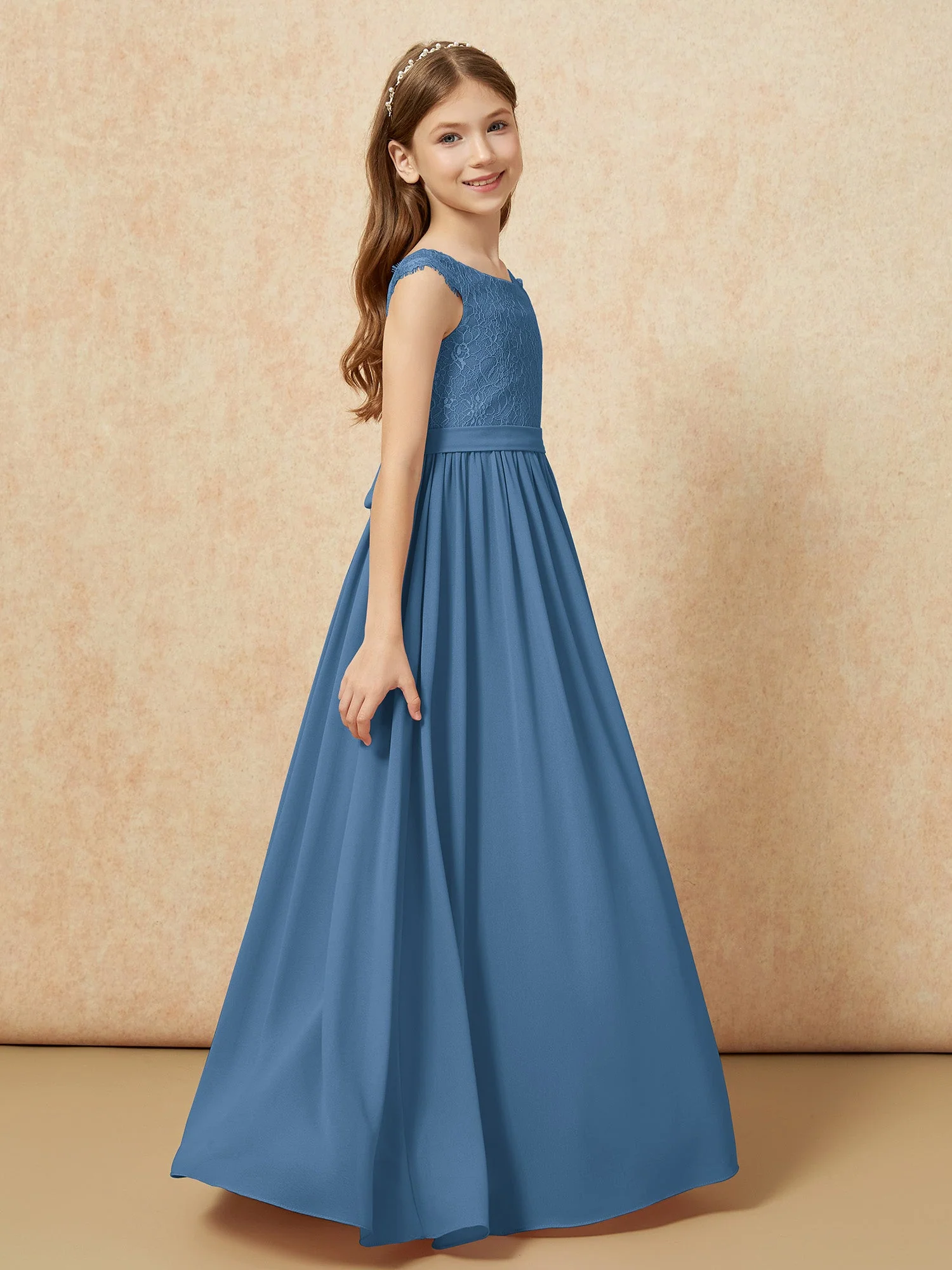 Flügelärmel Spitze Chiffon Junge Brautjungfernkleider Schiefer Blau - Image 3