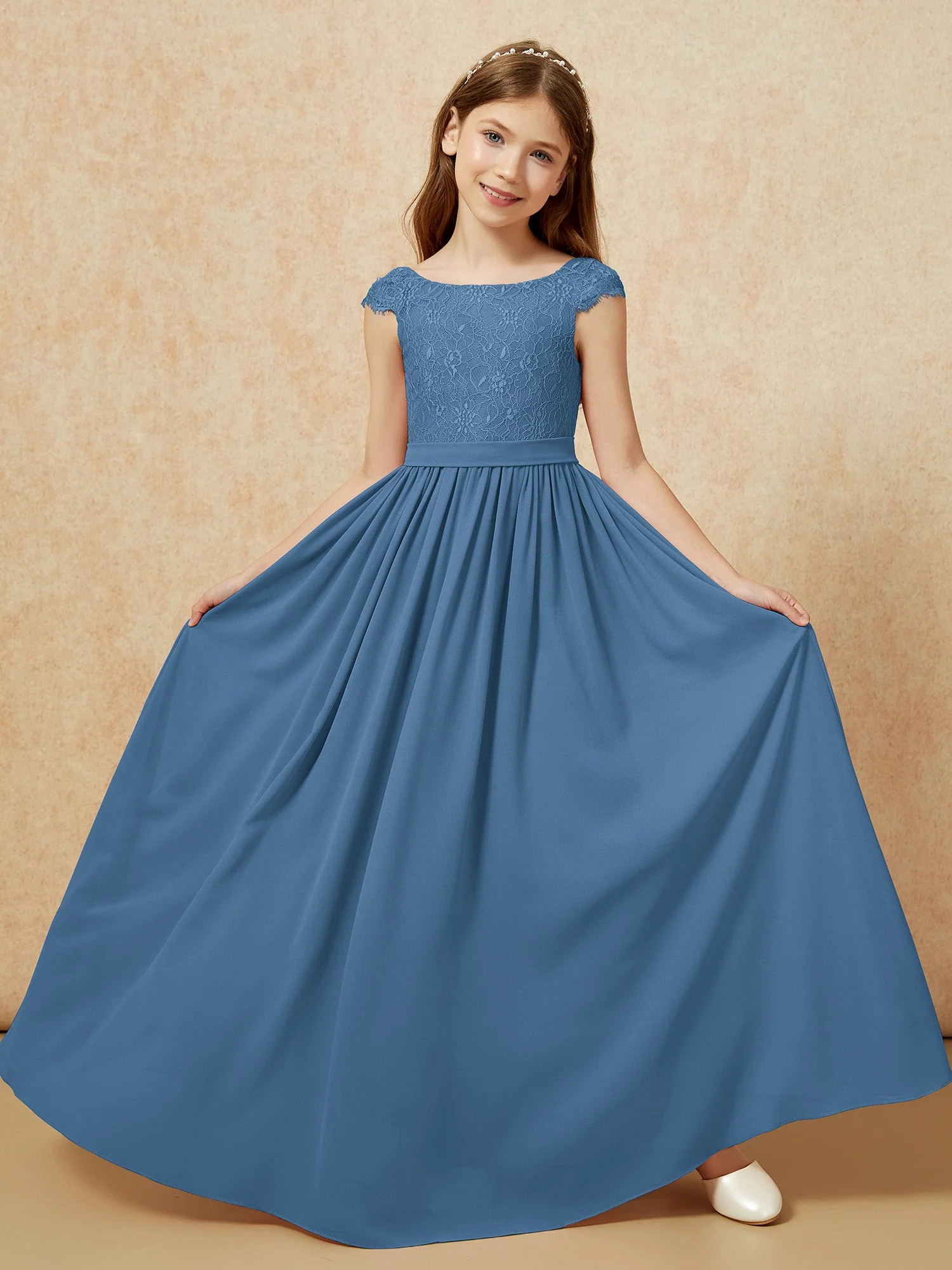 Flügelärmel Spitze Chiffon Junge Brautjungfernkleider Schiefer Blau - Image 5