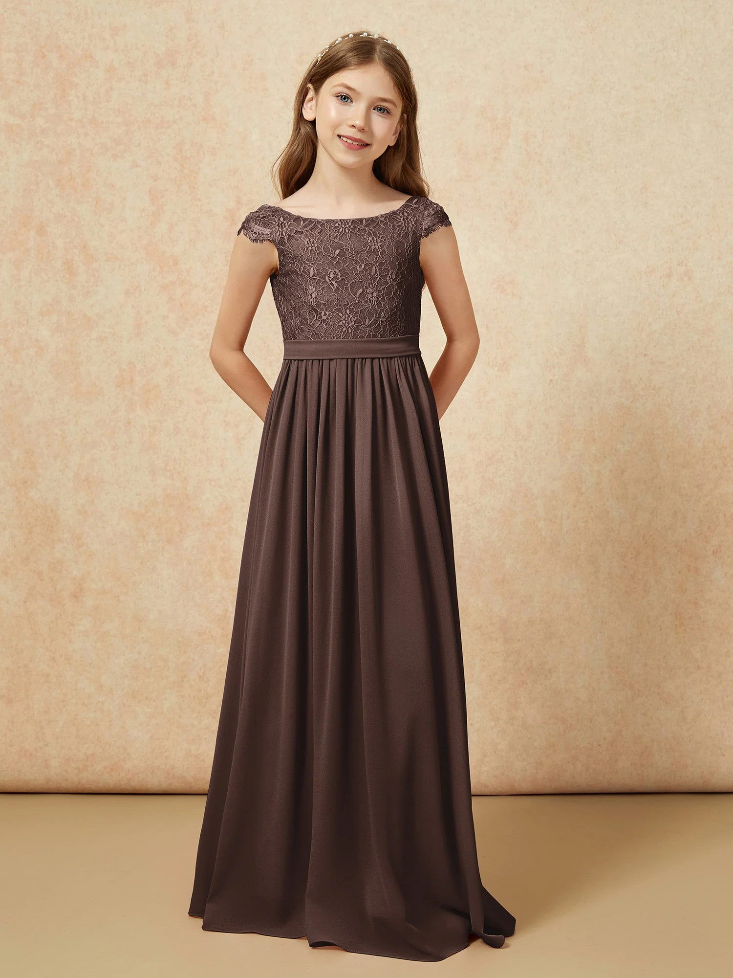 Flügelärmel Spitze Chiffon Junge Brautjungfernkleider Schokolade - Image 4
