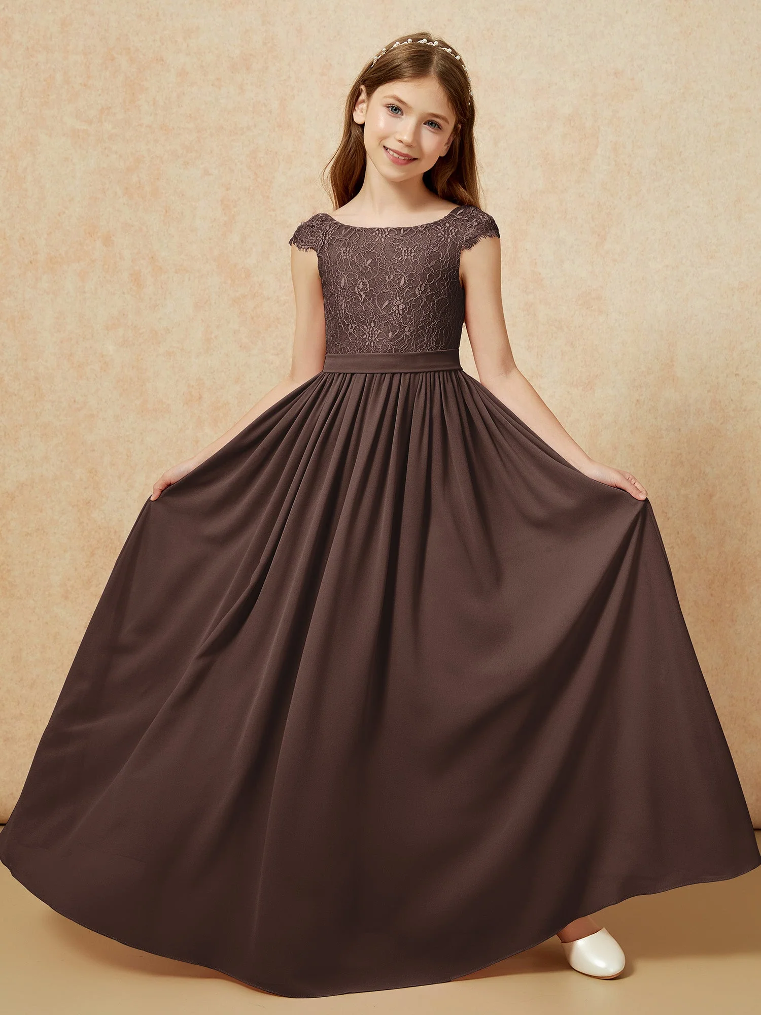 Flügelärmel Spitze Chiffon Junge Brautjungfernkleider Schokolade - Image 5
