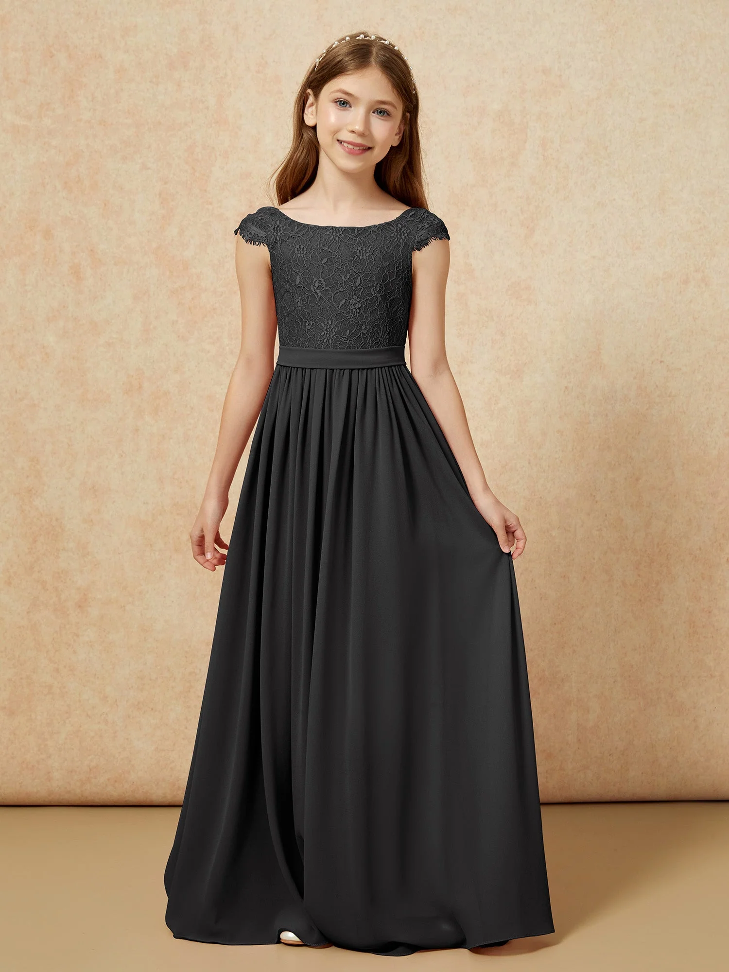 Flügelärmel Spitze Chiffon Junge Brautjungfernkleider Schwarz