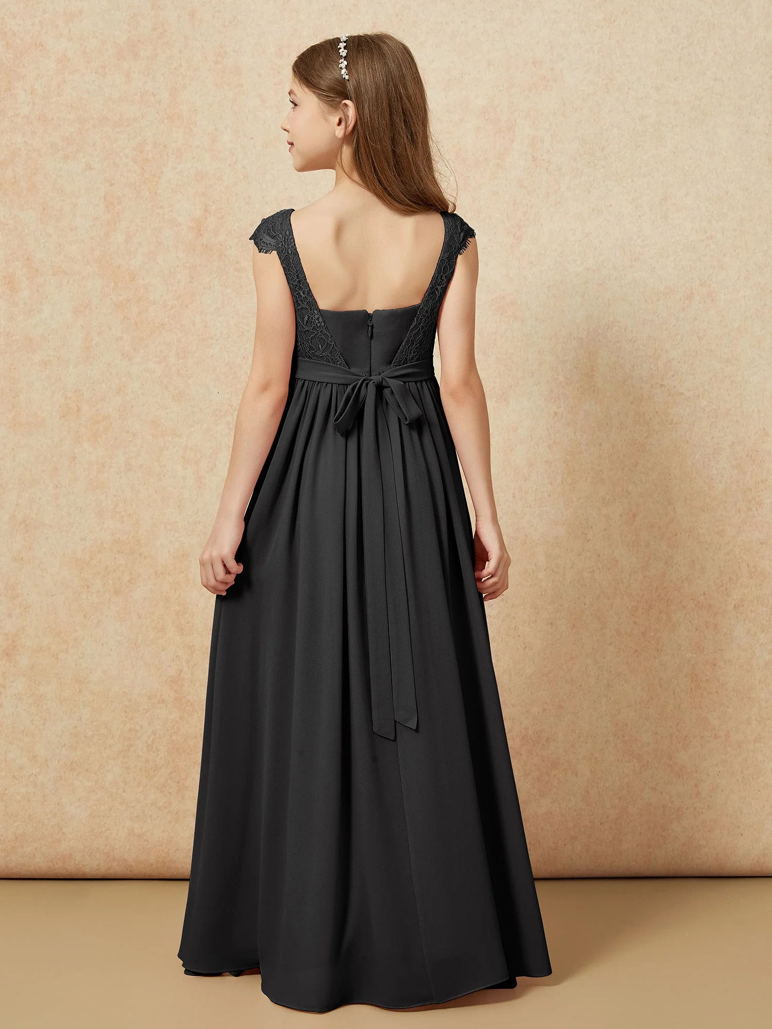 Flügelärmel Spitze Chiffon Junge Brautjungfernkleider Schwarz - Image 2