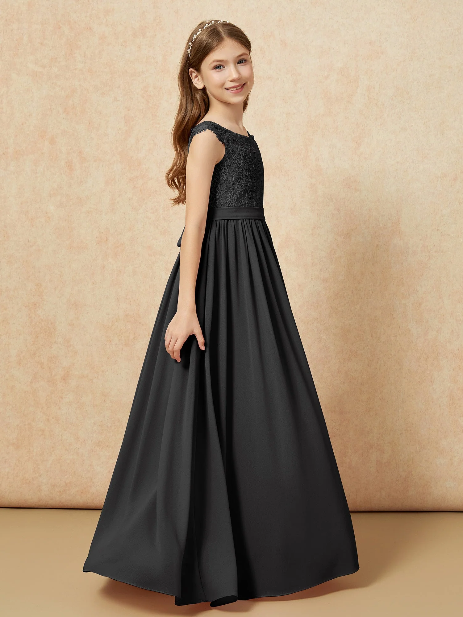 Flügelärmel Spitze Chiffon Junge Brautjungfernkleider Schwarz - Image 3