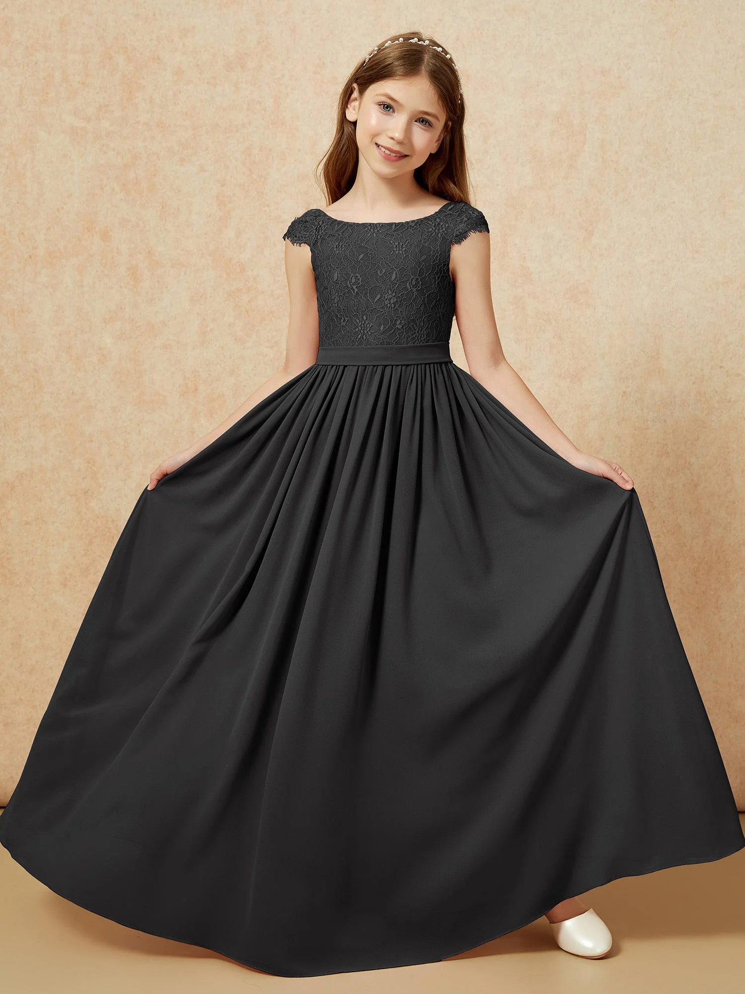 Flügelärmel Spitze Chiffon Junge Brautjungfernkleider Schwarz - Image 5