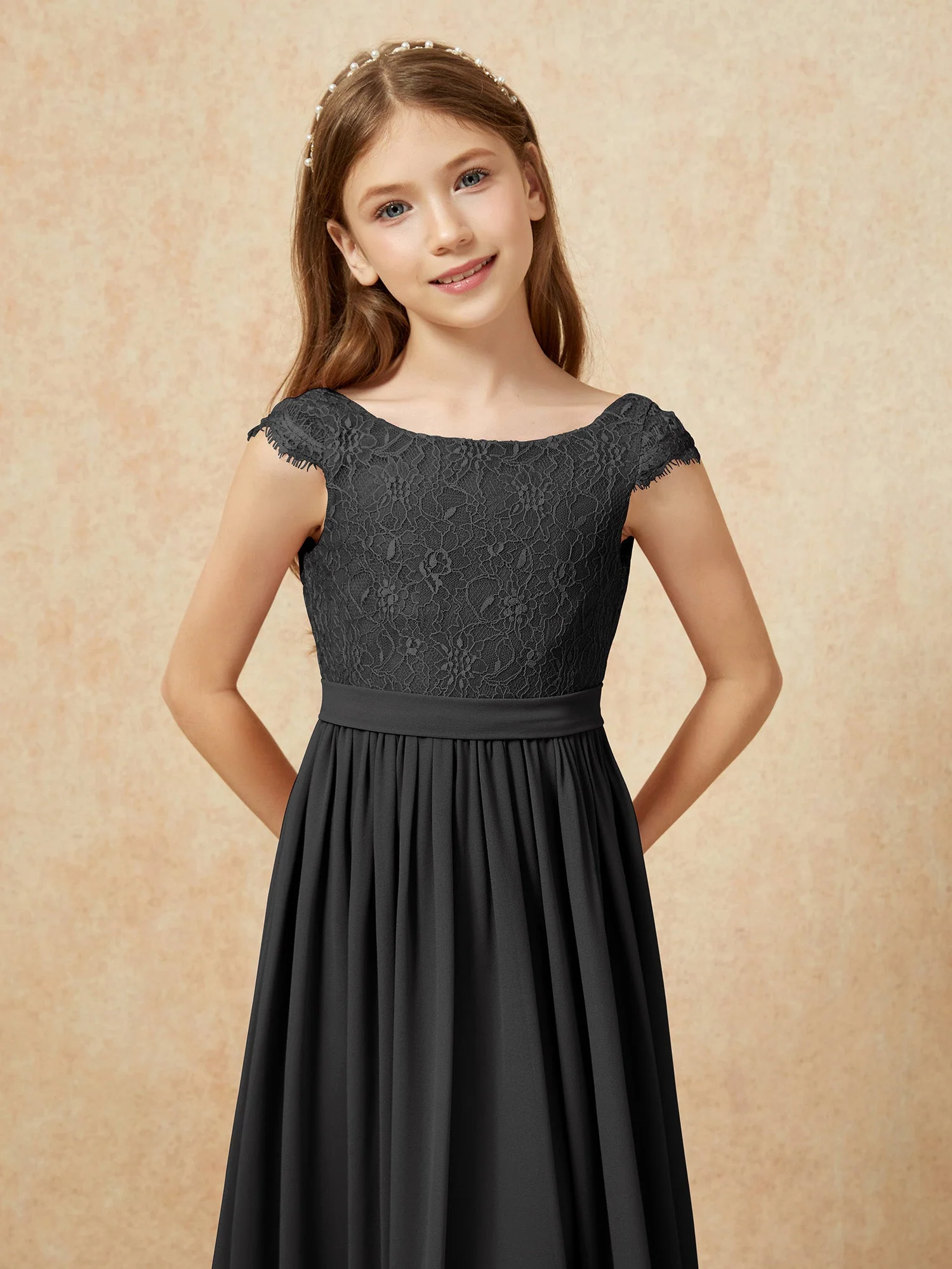 Flügelärmel Spitze Chiffon Junge Brautjungfernkleider Schwarz - Image 6