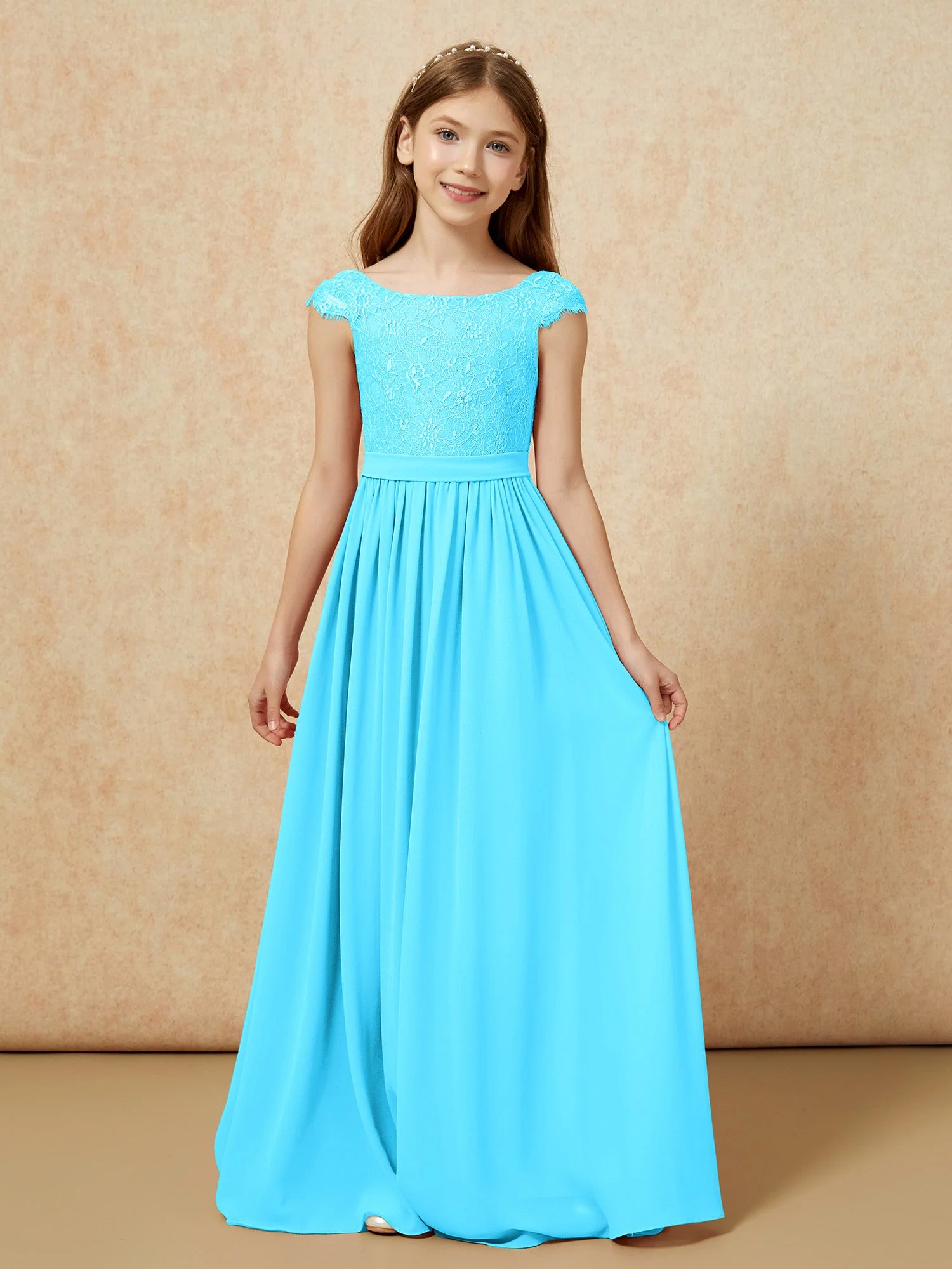 Flügelärmel Spitze Chiffon Junge Brautjungfernkleider Schwimmbadblau