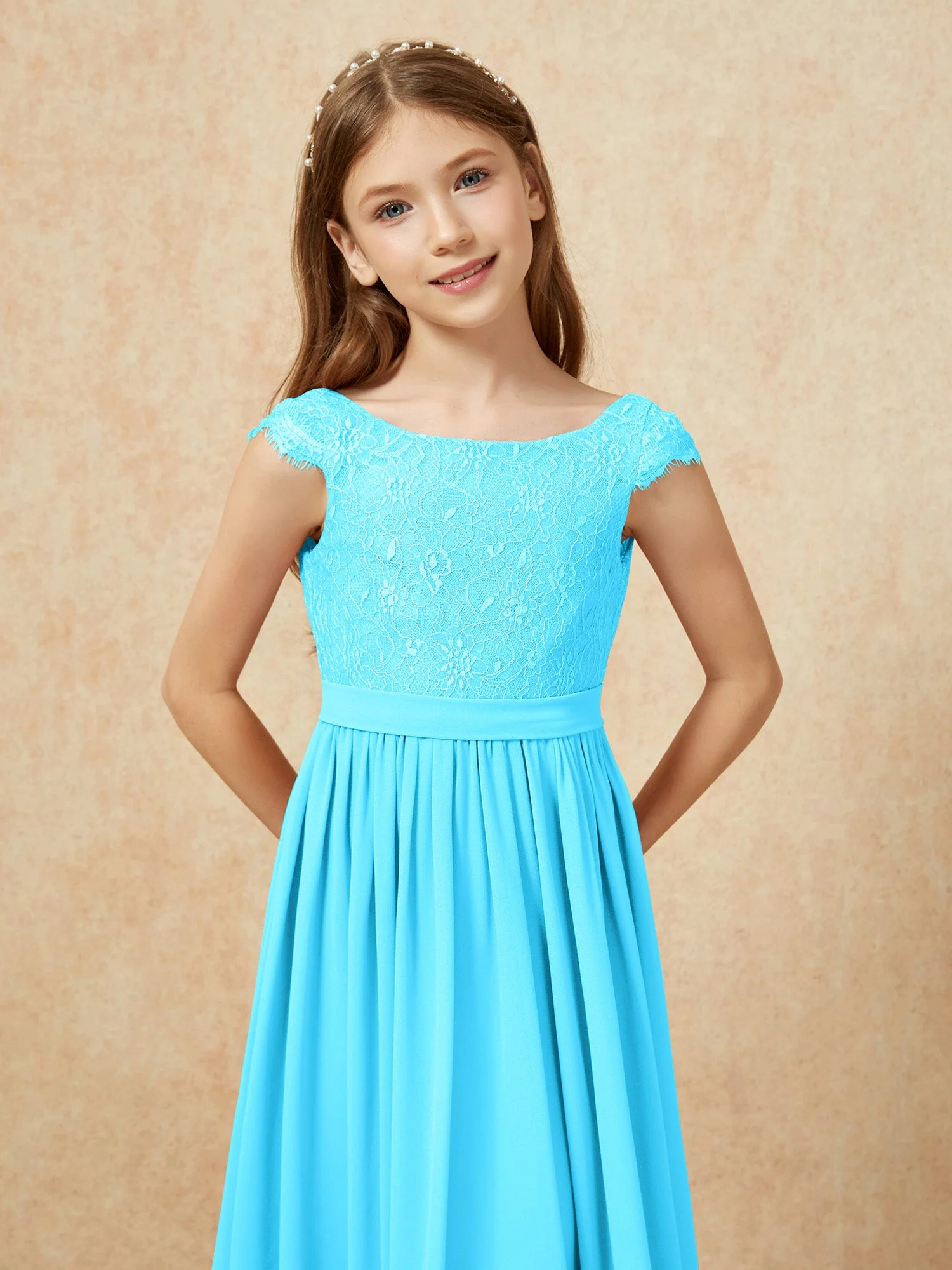 Flügelärmel Spitze Chiffon Junge Brautjungfernkleider Schwimmbadblau - Image 6