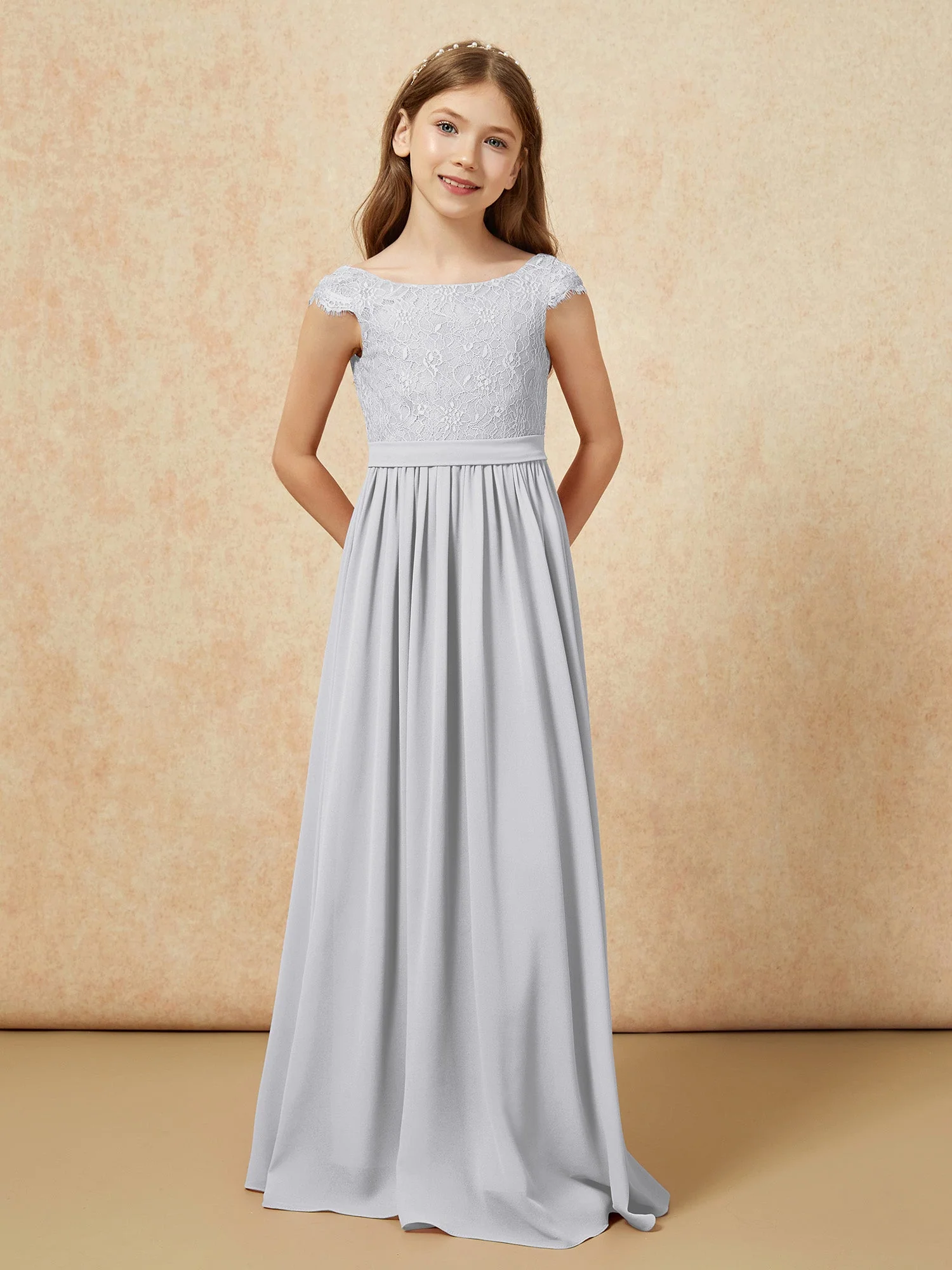 Flügelärmel Spitze Chiffon Junge Brautjungfernkleider Silber - Image 4